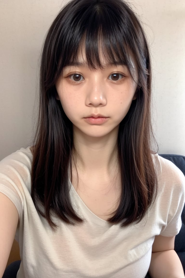 1girl, solo, looking at viewer, bangs, shirt, black hair, closed mouth, white shirt, upper body, indoors, black eyes, lips, chair, realistic, ((18 years old)), ((asian)) , ((POV)), ((close-up)), 