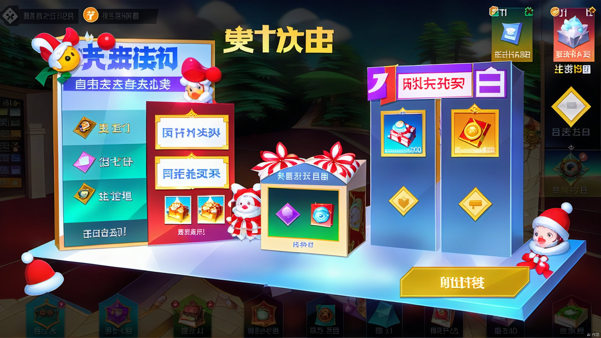 The pop-up frame in the middle looks like a holiday card, with ribbons and bells adorning the edges. A pop-up box displays the list of current vacation tasks and rewards. On the left are quests completed and holiday items obtained, and on the right are quests to be completed and reward tips. There is a "Receive Rewards" button below. When clicked, a pop-up box will play a holiday animation