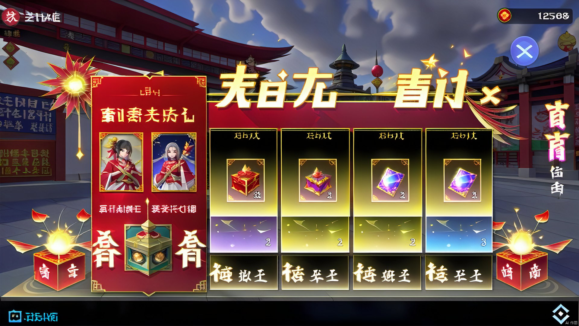 The frame of the game is designed as a red Spring Festival couplet, with golden clouds and firecrackers on the edge. The box displays the current celebration mission and reward progress. On the left are quests completed and New Year's items obtained