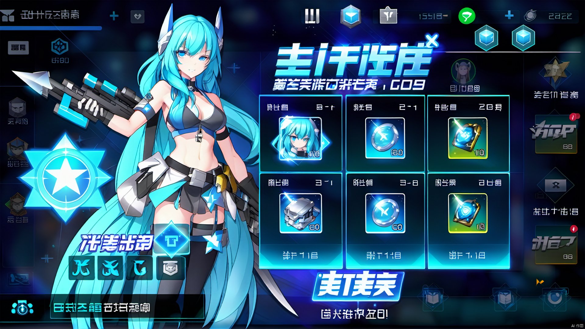 A game interface. In the center of the screen is a female character with long blue hair and white eyes,dressed in combat clothing,armed with weapons and armor. Her hair was tied up with a silver headband and she was wearing a helmet. On the left side of the character,there is a row of six small ICONS,each representing a different equipment or item,with numbers next to these ICONS indicating their number. In the top right corner of the screen,there is a blue button that says "Go to Top up." The whole interface background is dark blue with stars and light effects scattered over it