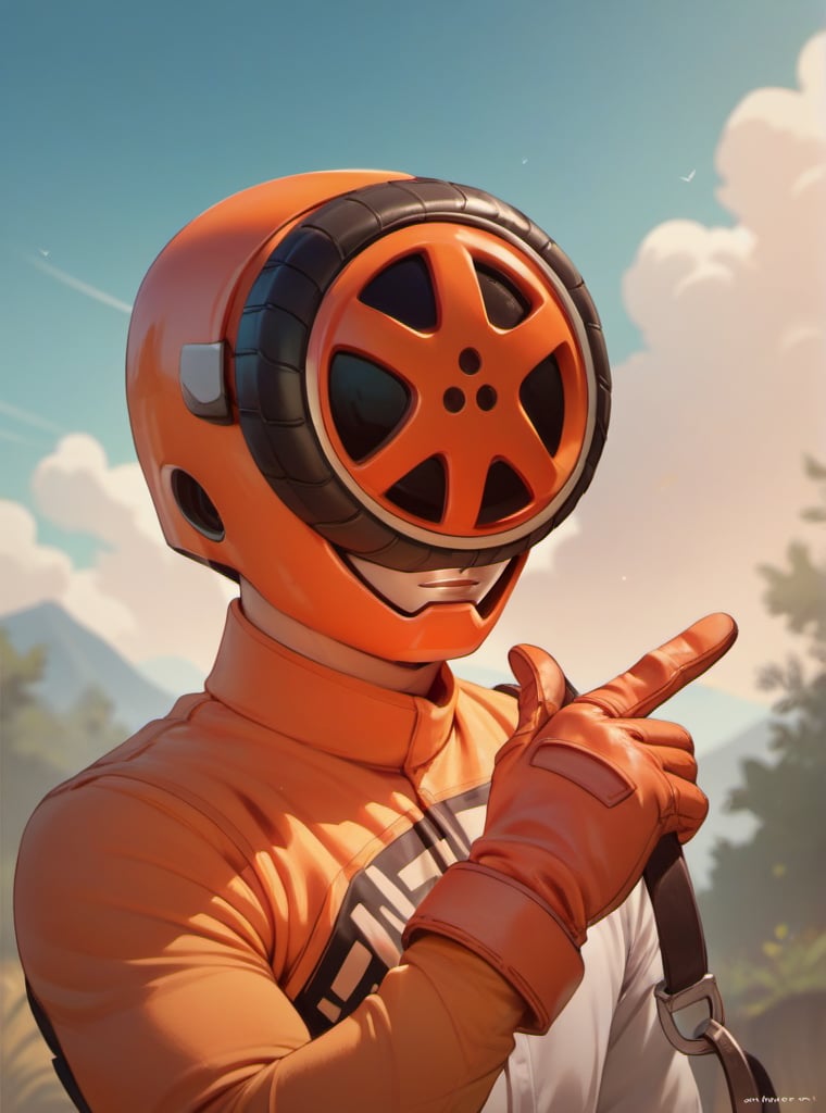  score_9, score_8_up, score_7_up, score_6_up, score_5_up, score_4_up score_9,score_8_up, 1boy, bunorange, neutral expression, orange bodysuit, orange helmet, silver mouth mask, orange glove, white glove, sky, outside, simple background 