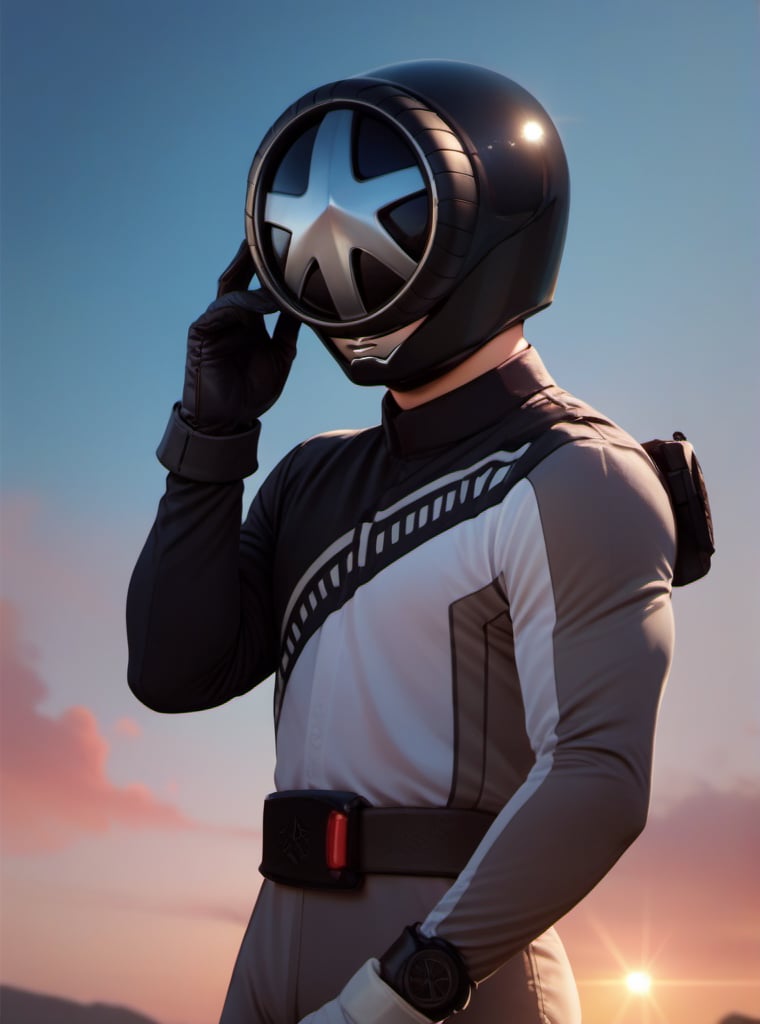  score_9, score_8_up, score_7_up, score_6_up, score_5_up, score_4_up score_9,score_8_up, 1boy, bunblack, neutral expression, black bodysuit, black helmet, silver mouth mask, black glove, white glove, sky, outside, quarry, simple background 