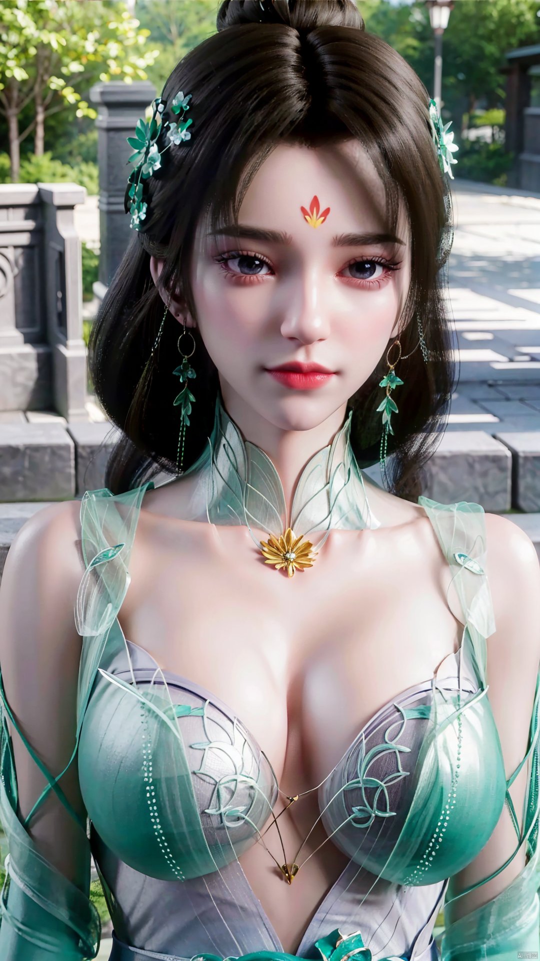 1girl, solo, jewelry, water, hair ornament, forehead mark, earrings, necklace, facial mark, realistic, tube top, looking at viewer, mischevious smile, perfect body, scenery, sharp focus, best quality, masterpiece, detailed outfit, illustration, perfect eyes, finely detailed beautiful anime eyes, realistic skin, intricate details, best lighting, depth of field, ultra high resolution,upper_body, dynamic pose, dynamic angle,Xchengling, ,(big breasts:1.23),hanfu,Xyunxi,Xhuolinger,Xliushen