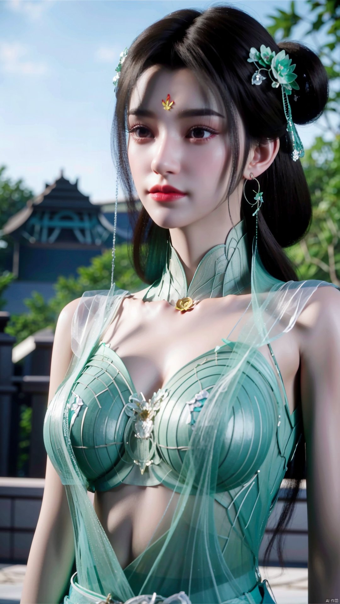 1girl, solo, jewelry, water, hair ornament, forehead mark, earrings, necklace, facial mark, realistic, tube top, looking at viewer, mischevious smile, perfect body, scenery, sharp focus, best quality, masterpiece, detailed outfit, illustration, perfect eyes, finely detailed beautiful anime eyes, realistic skin, intricate details, best lighting, depth of field, ultra high resolution,upper_body, dynamic pose, dynamic angle,Xchengling, ,(big breasts:1.23),hanfu,Xyunxi,Xhuolinger,Xliushen