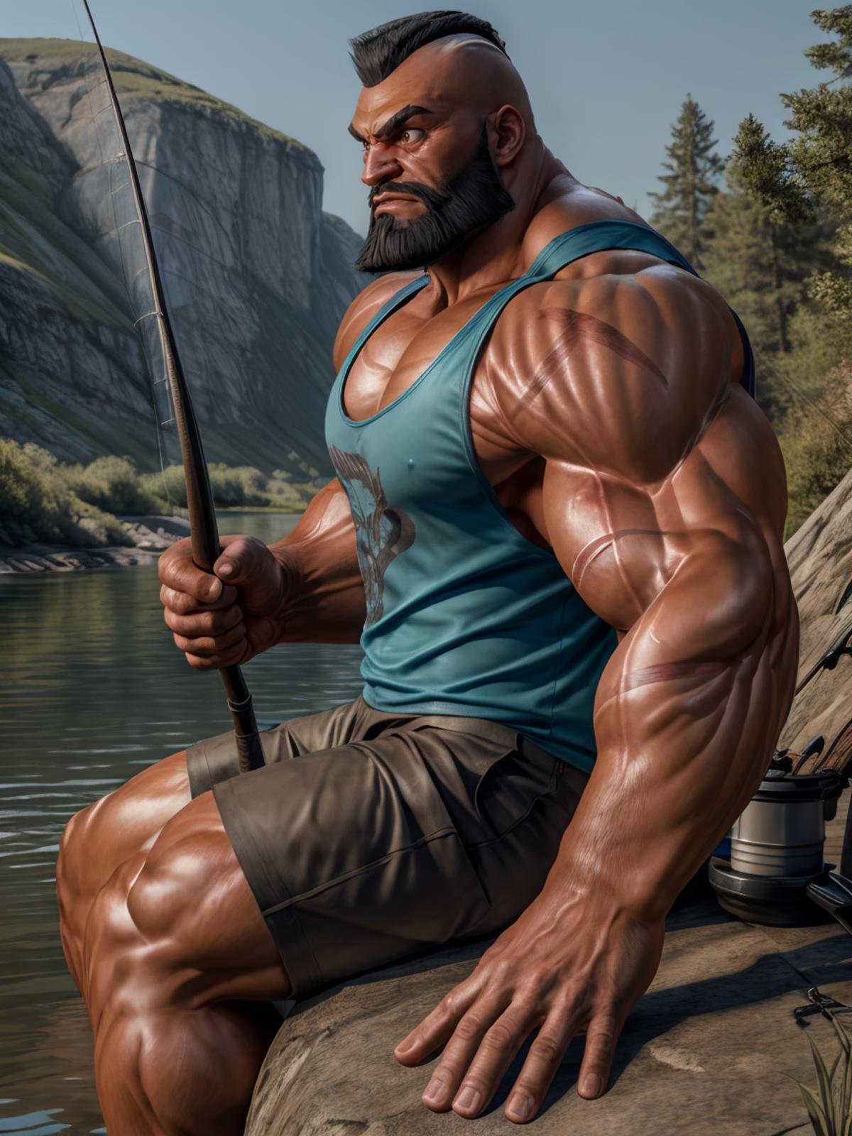 ultra realistic, unreal engine 5, anatomically correct, detailed eyes, detailed face, brown eyes, thick eyebrows, male focus, solo, zangief, bodybuilder, scar, mohawk, ((tank top)), shorts, ((holding fishing rod, fishing)), sitting by the river, from side,<lora:Add More Details:0.8><lora:Zangief SFV B:0.8>