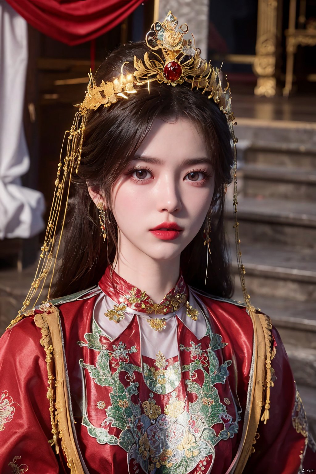 masterpiece,1girl,artist name,bangs,black eyes,black hair,chinese clothes,crown,floral print,gem,gold,jewelry,lips,lipstick,long hair,looking at viewer,makeup,red lips,solo,earrings,hair ornament,necklace,red dress,Red cloth shoes,indoor, traditional wedding, festive, wedding, ,Xlimuwan, hanfu,fengguanxiapei,Xchengling,Xyunxi, Yunxiao_Fairy