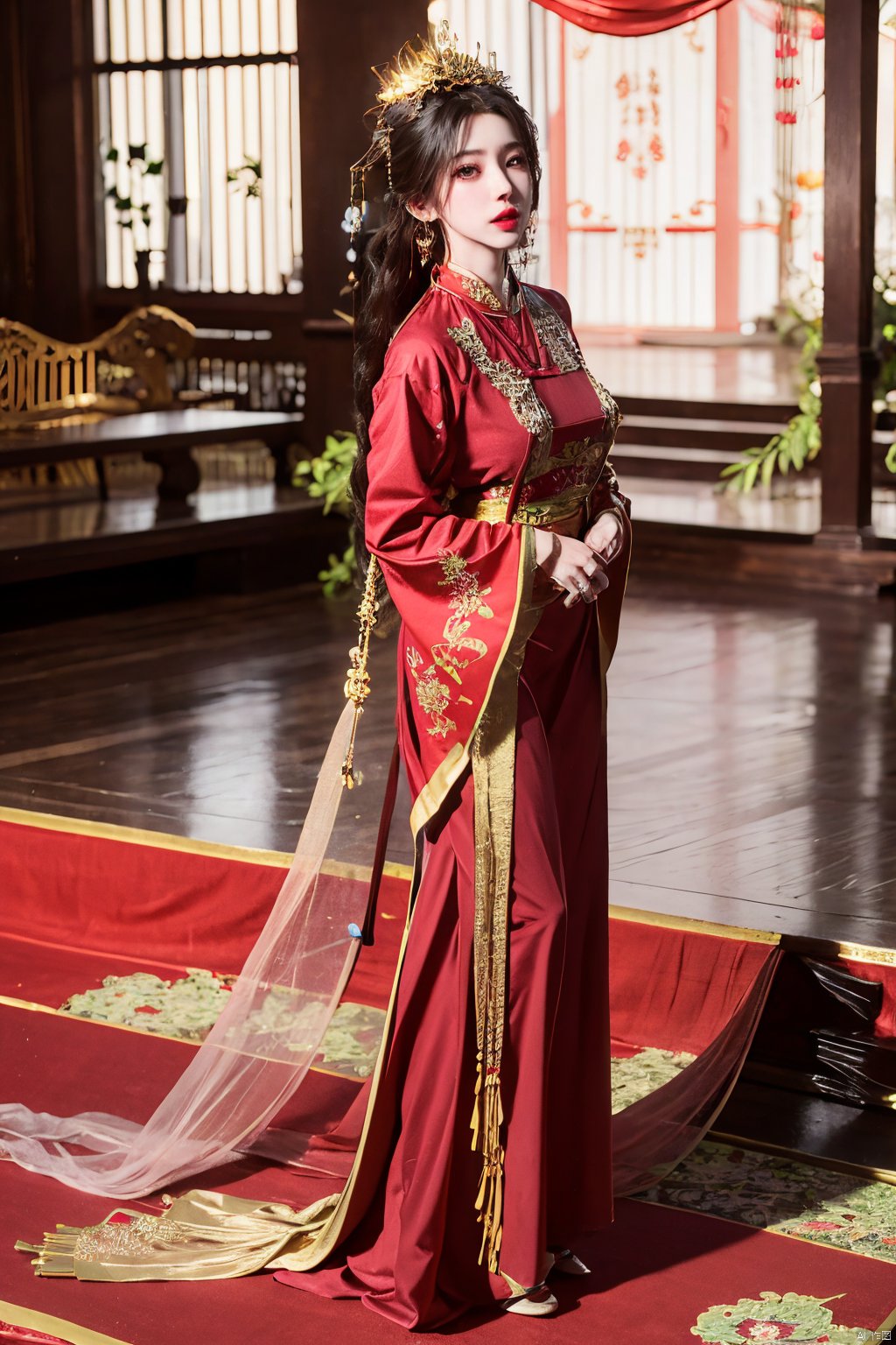 masterpiece,1girl,black eyes,black hair,chinese clothes,crown,floral print,gem,gold,jewelry,long hair,looking at viewer,makeup,red lips,solo,earrings,hair ornament,,red dress,Red cloth shoes,indoor, traditional wedding, festive, wedding, ,Xlimuwan, hanfu,fengguanxiapei,Xchengling,Xyunxi, Yunxiao_Fairy,Xyunluo