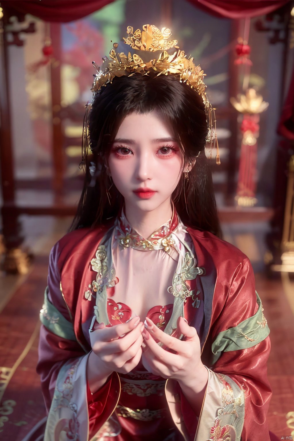 masterpiece,1girl,artist name,bangs,black eyes,black hair,chinese clothes,crown,floral print,gem,gold,jewelry,lips,lipstick,long hair,looking at viewer,makeup,red lips,solo,earrings,hair ornament,necklace,red dress,Red cloth shoes,indoor, traditional wedding, festive, wedding, ,Xlimuwan, hanfu,fengguanxiapei,Xchengling,Xyunxi, Yunxiao_Fairy,Xyunluo