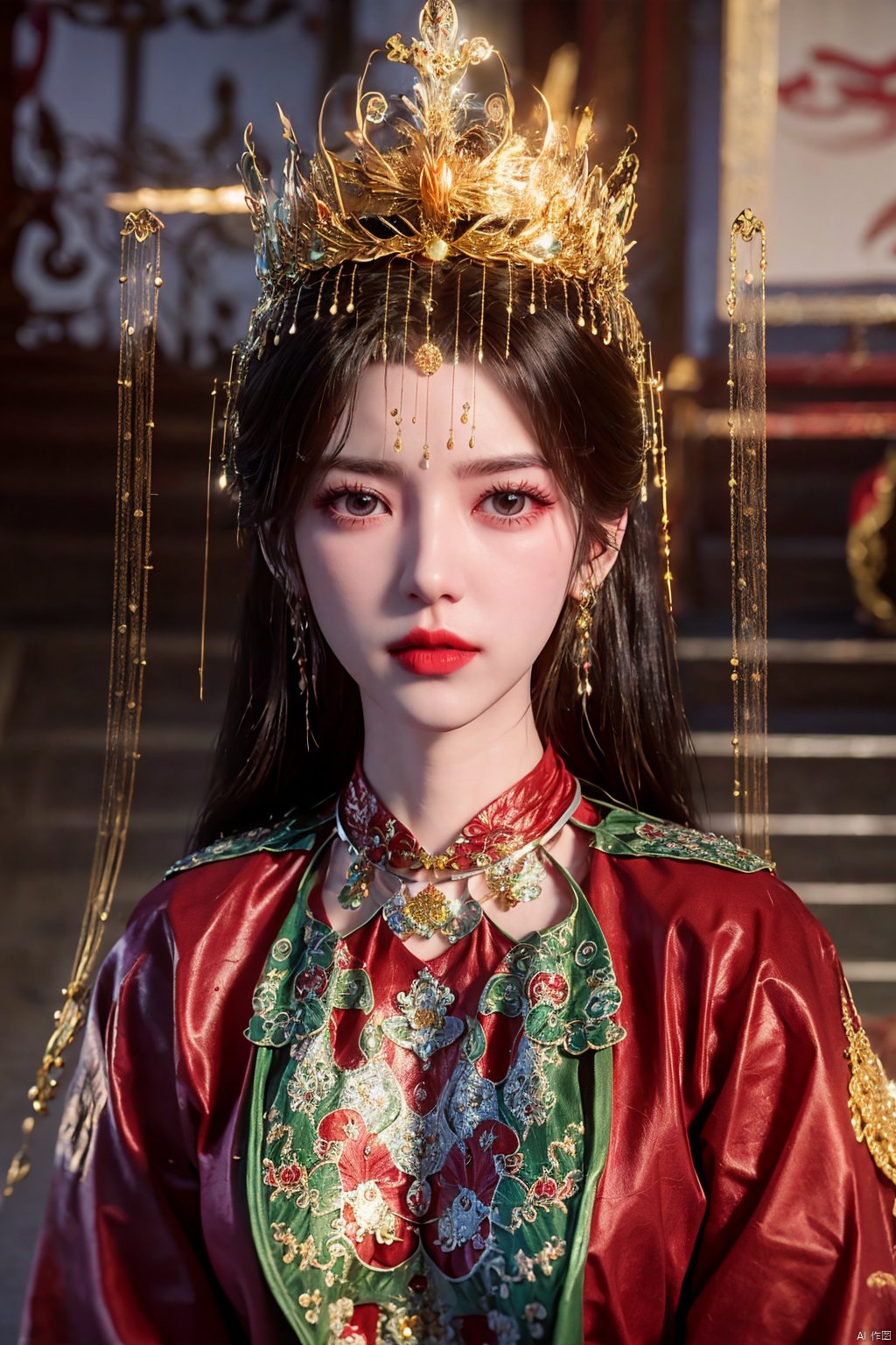 masterpiece,1girl,artist name,bangs,black eyes,black hair,chinese clothes,crown,floral print,gem,gold,jewelry,lips,lipstick,long hair,looking at viewer,makeup,red lips,solo,earrings,hair ornament,necklace,red dress,Red cloth shoes,indoor, traditional wedding, festive, wedding, ,Xlimuwan, hanfu,fengguanxiapei,Xchengling,Xyunxi, Yunxiao_Fairy,Xyunluo