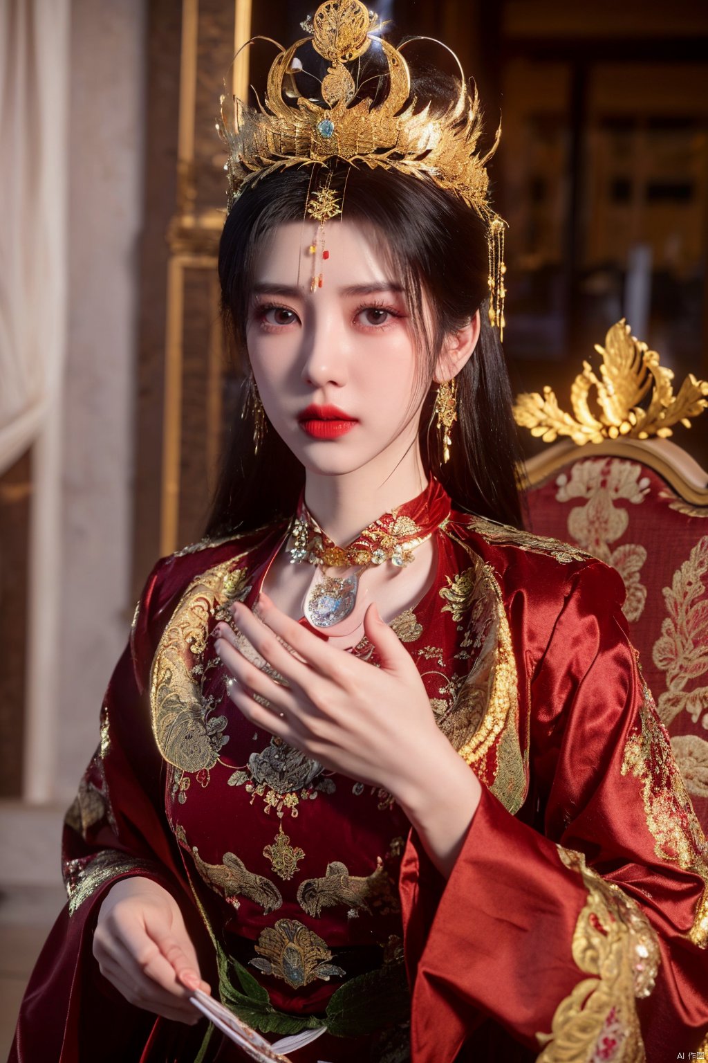 masterpiece,1girl,artist name,bangs,black eyes,black hair,chinese clothes,crown,floral print,gem,gold,jewelry,lips,lipstick,long hair,looking at viewer,makeup,red lips,solo,earrings,hair ornament,necklace,red dress,Red cloth shoes,indoor, traditional wedding, festive, wedding, ,Xlimuwan, hanfu,fengguanxiapei,Xchengling,Xyunxi, Yunxiao_Fairy,Xyunluo