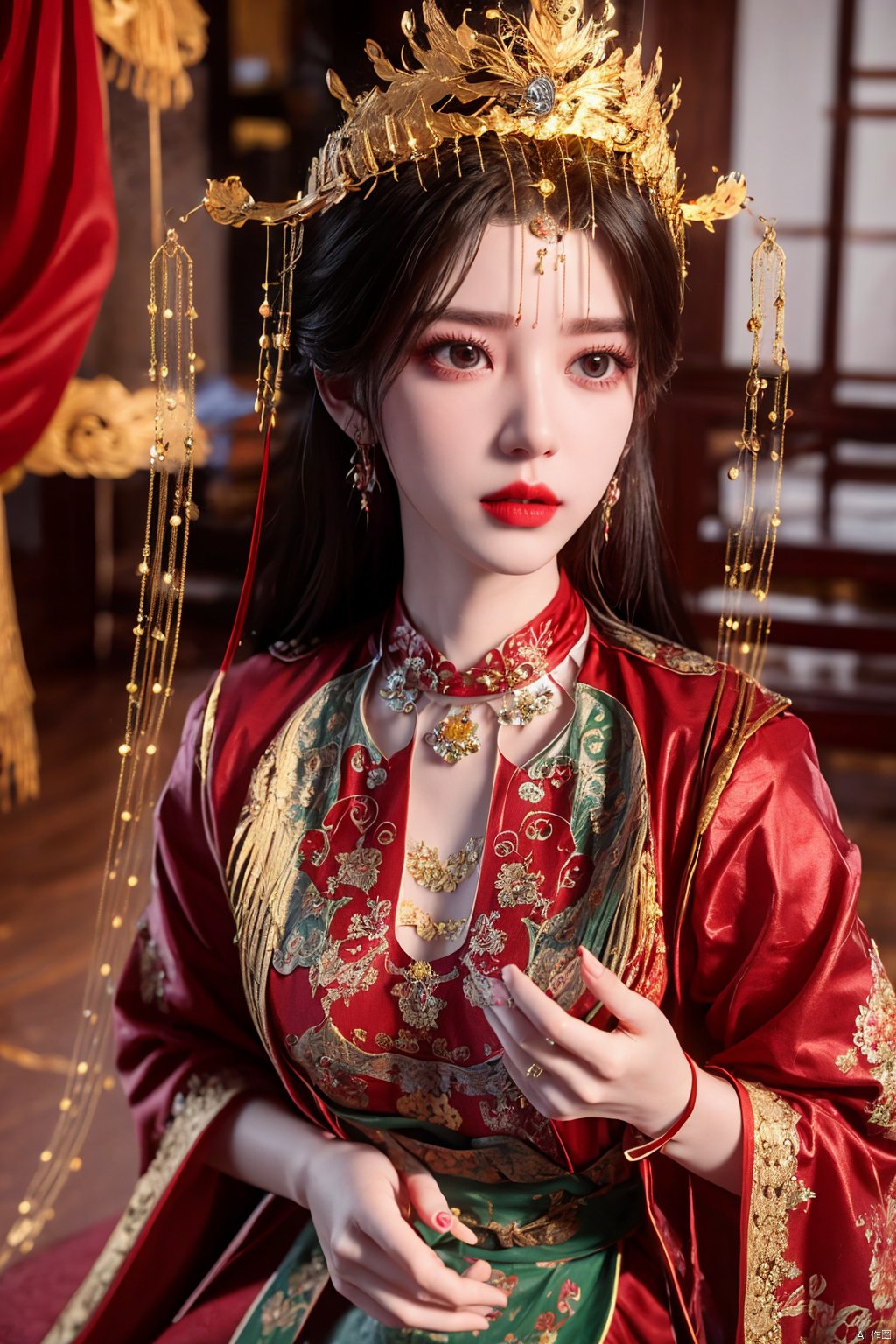 masterpiece,1girl,artist name,bangs,black eyes,black hair,chinese clothes,crown,floral print,gem,gold,jewelry,lips,lipstick,long hair,looking at viewer,makeup,red lips,solo,earrings,hair ornament,necklace,red dress,Red cloth shoes,indoor, traditional wedding, festive, wedding, ,Xlimuwan, hanfu,fengguanxiapei,Xchengling,Xyunxi, Yunxiao_Fairy,Xyunluo