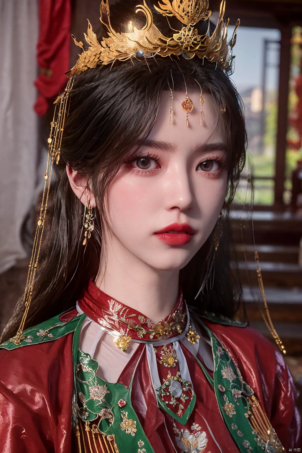 masterpiece,1girl,artist name,bangs,black eyes,black hair,chinese clothes,crown,floral print,gem,gold,jewelry,lips,lipstick,long hair,looking at viewer,makeup,red lips,solo,earrings,hair ornament,necklace,red dress,Red cloth shoes,indoor, traditional wedding, festive, wedding, ,Xlimuwan, hanfu,fengguanxiapei,Xchengling,Xyunxi, Yunxiao_Fairy,Xyunluo