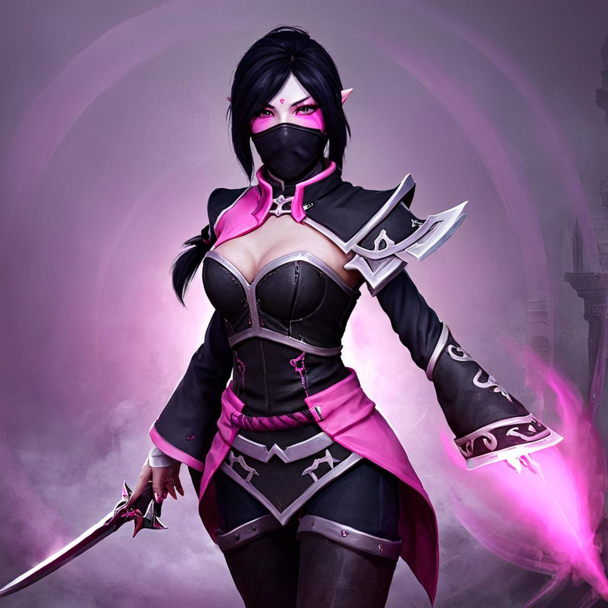 1girl, TemplarAssassin <lora:Templar Assassin SDXL:.8>, pink skin, black hair, full body