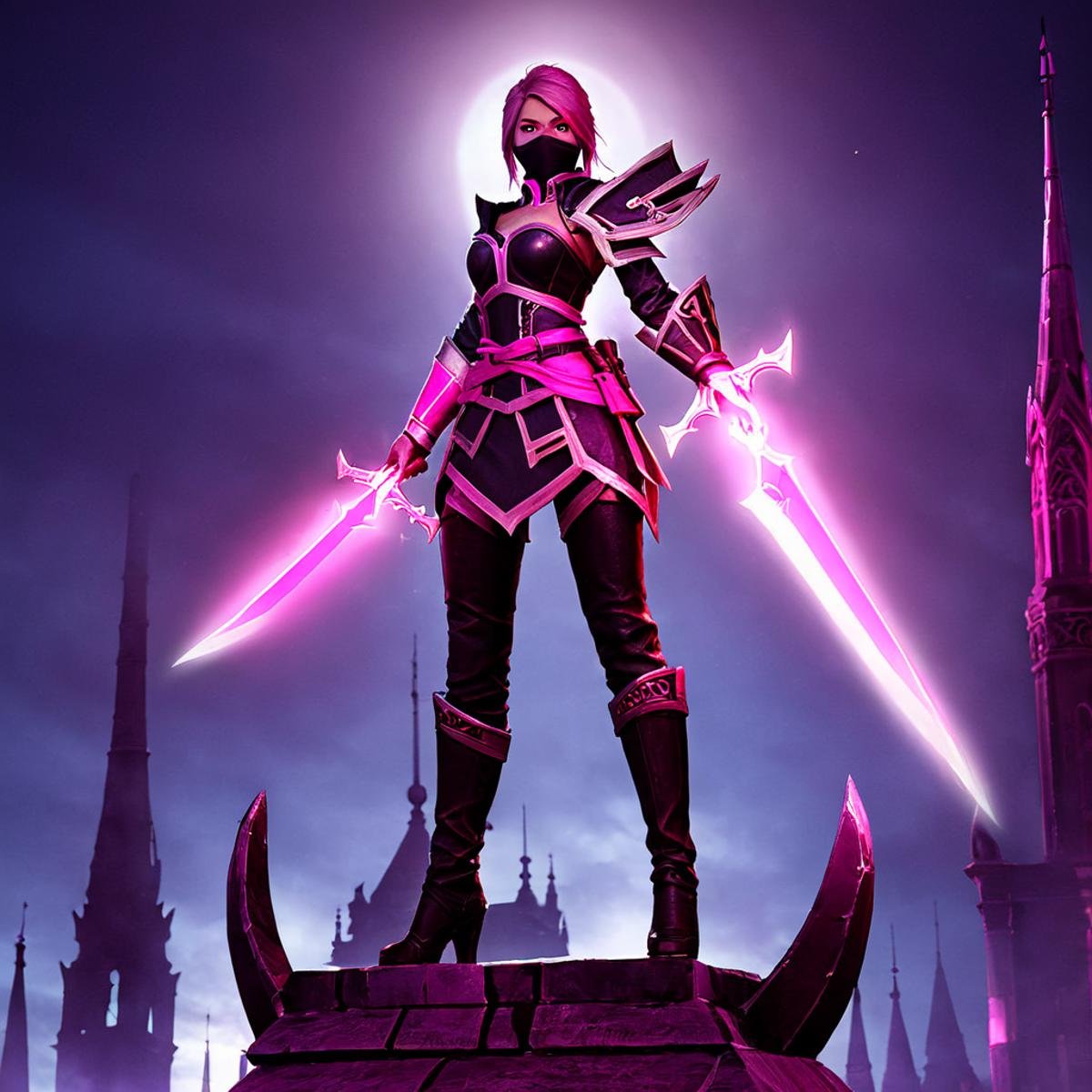 1girl, TemplarAssassin <lora:Templar Assassin SDXL:.7>, pink blades, glowing, standing on a spire