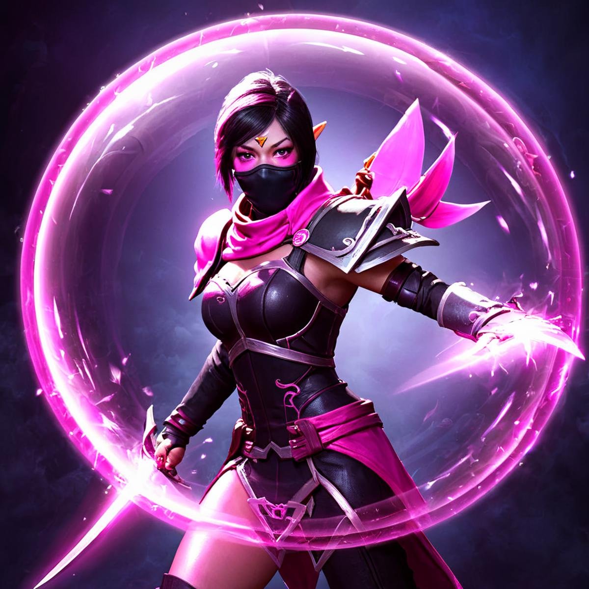 1girl, TemplarAssassin <lora:Templar Assassin SDXL:.7>, pink blades, glowing, full bubble shield