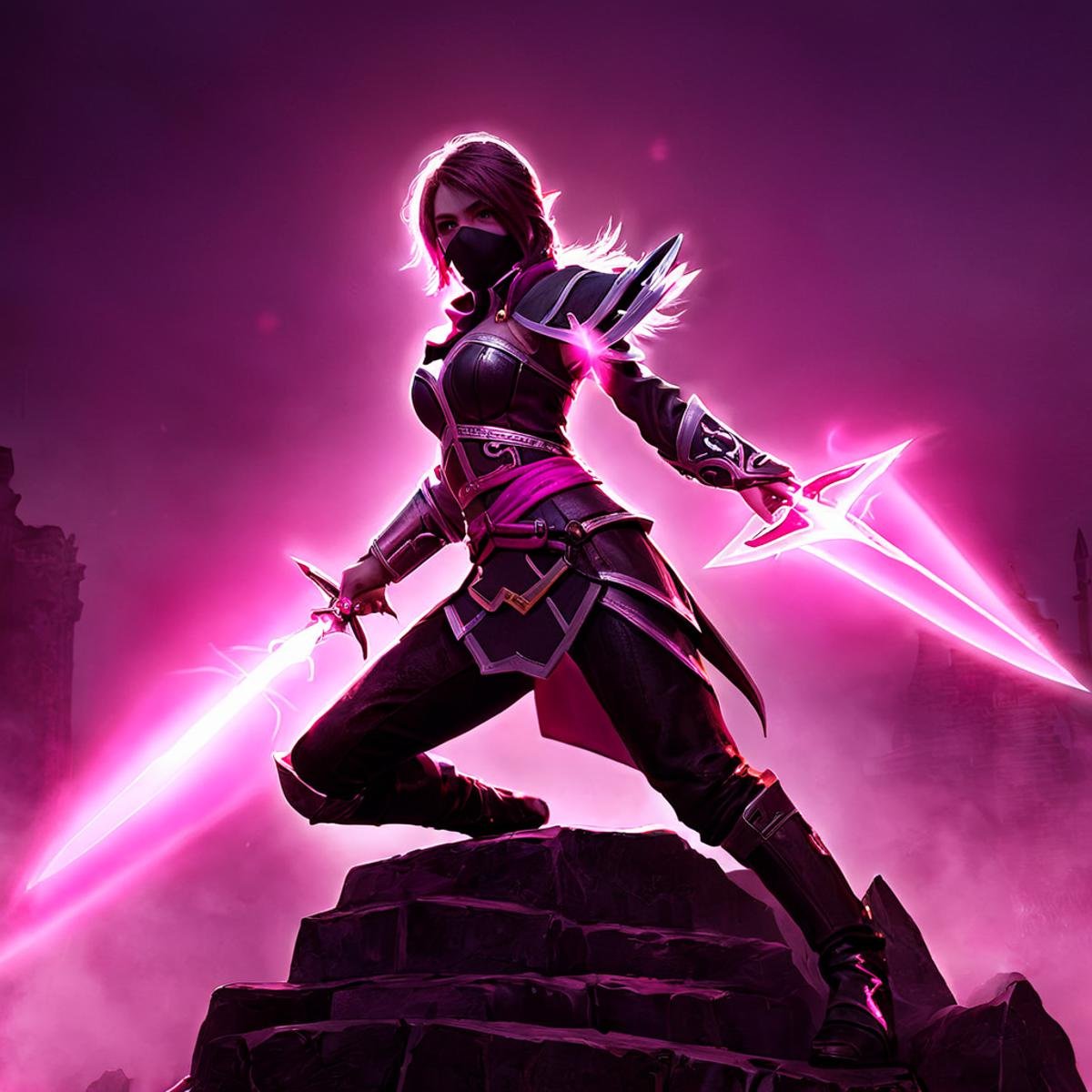 1girl, TemplarAssassin <lora:Templar Assassin SDXL:.8>, pink blades, glowing, kneeling on a spire