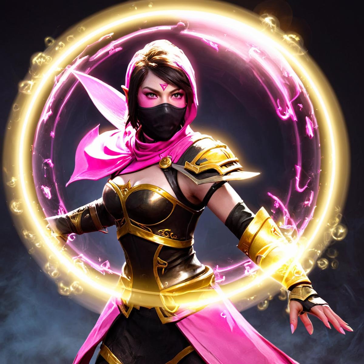 1girl, TemplarAssassin <lora:Templar Assassin SDXL:.7>, pink blades, glowing, golden bubble shield