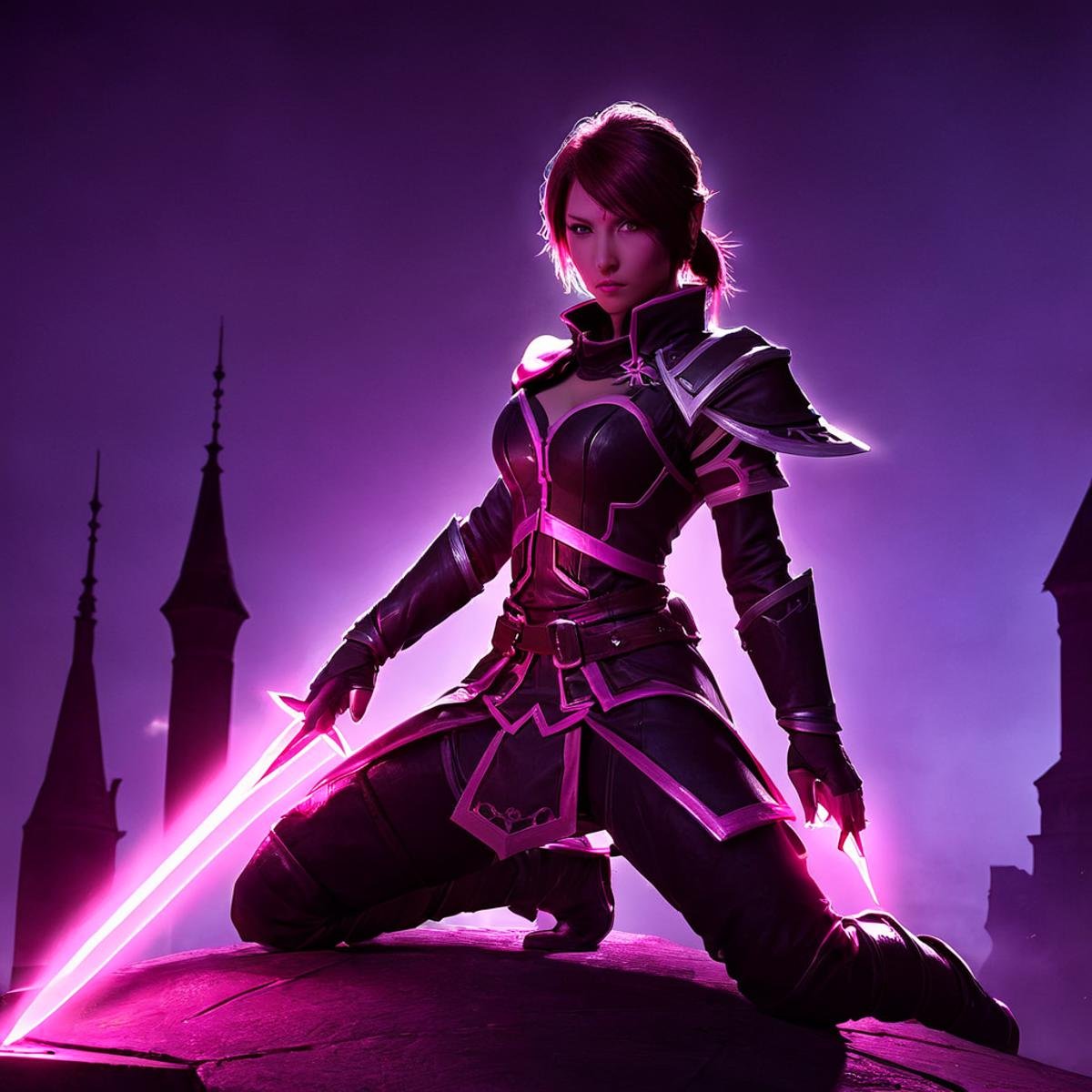 1girl, TemplarAssassin <lora:Templar Assassin SDXL:.7>, pink psi blades, glowing, kneeling on a spire