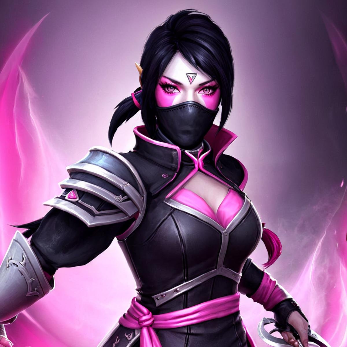 1girl, TemplarAssassin <lora:Templar Assassin SDXL:.8>, pink skin, black hair