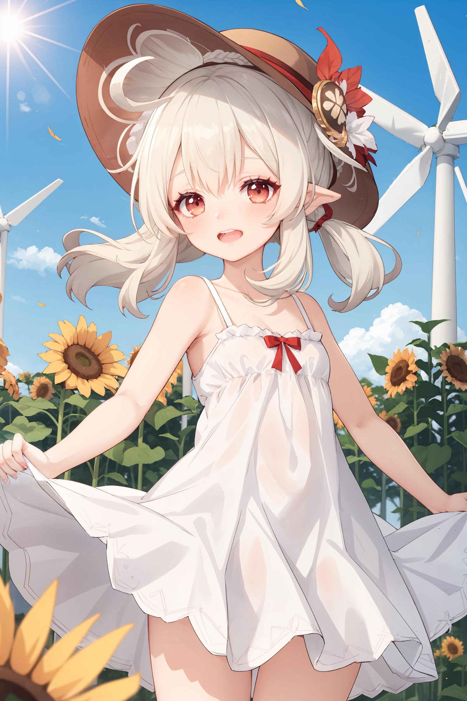 1girl, klee \(genshin impact\), (white dress, sundress, chemise:1.2), silver hair, floating hair, \o/, cheering,  sunflower, outdoor, wind turbine, smile, open mouth, sun hat, depth of field