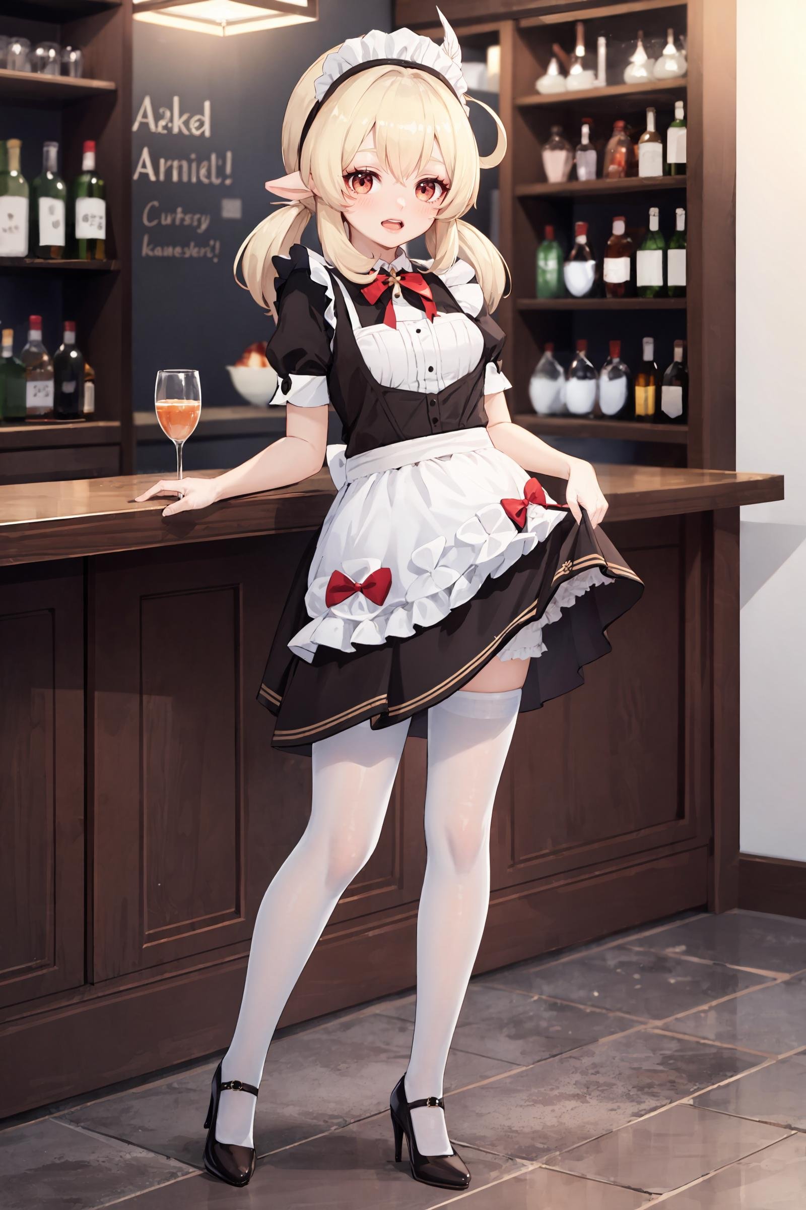 1girl, klee \(genshin impact\), maid, maid headdress, maid apron, white pantyhose, high heels, full body, open mouth, smile, looking at viewer, (skirt hold, curtsey: 1.2), bar \(place\), indoors, depth of field