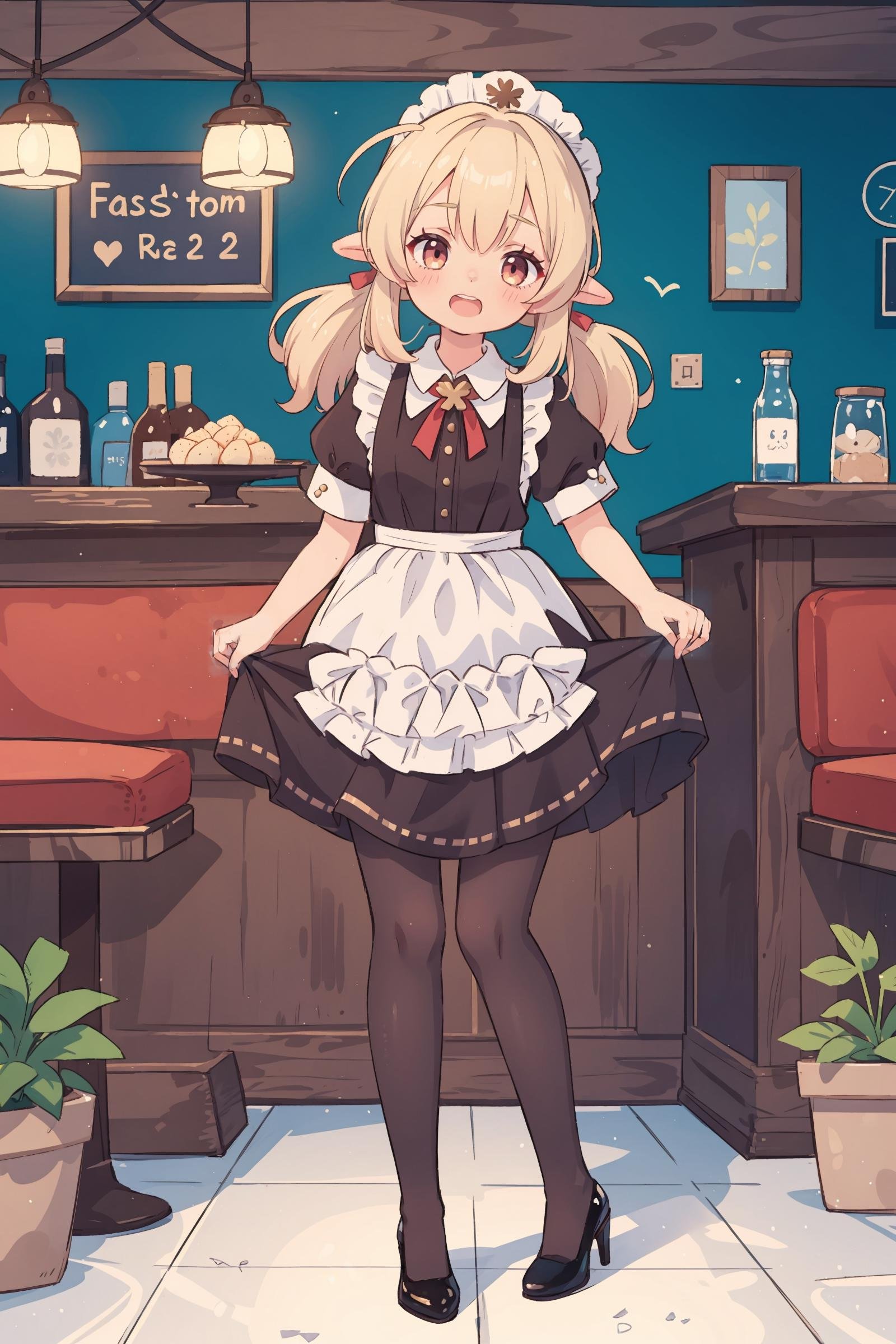 1girl, klee \(genshin impact\), maid, maid headdress, maid apron, white pantyhose, high heels, full body, open mouth, smile, looking at viewer, (skirt hold, curtsey: 1.2), bar \(place\), indoors, depth of field