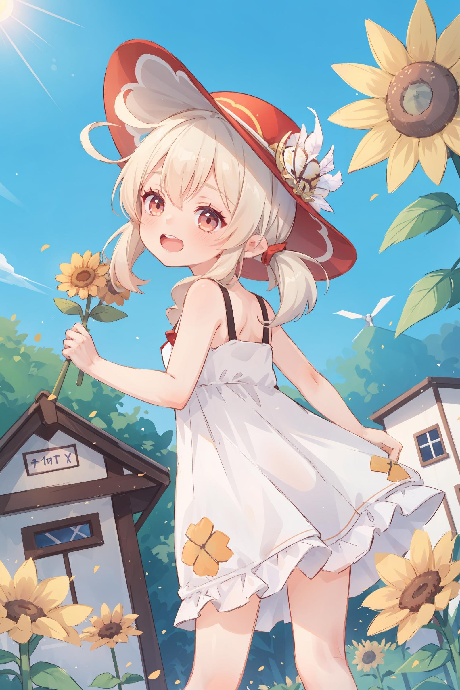 1girl, klee \(genshin impact\), (white dress, sundress, chemise:1.2), silver hair, floating hair, \o/, cheering,  sunflower, outdoor, wind turbine, smile, open mouth, sun hat, depth of field