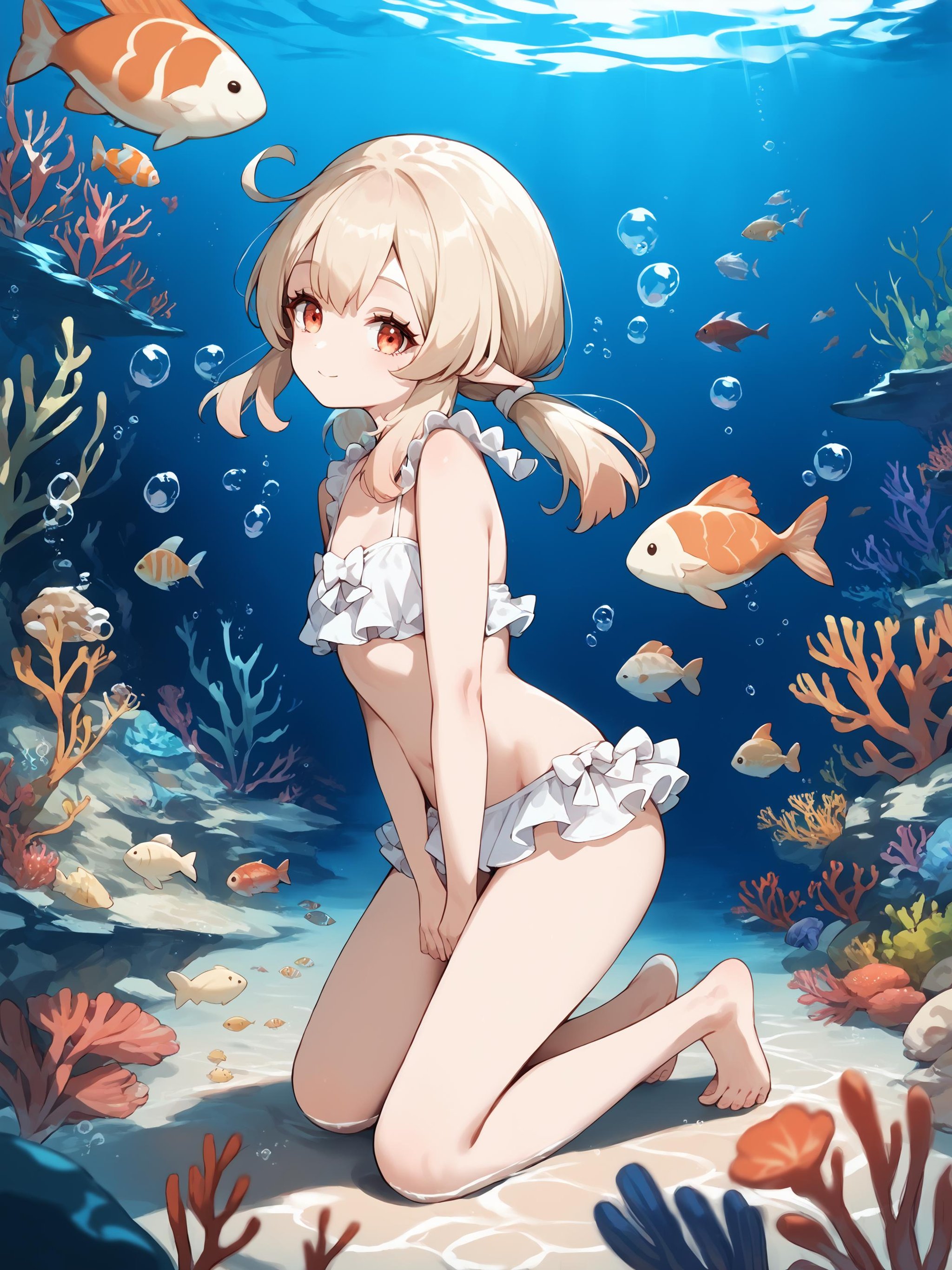 score_9, score_8_up, score_7_up, source_anime, 1girl, klee \(genshin impact\), frilled bikini, barefoot, afloat, floating hair, kneeling, looking at viewer, light smile, underwater, sunbeam, fish, bubble, coral, depth of field  <lora:Char-Genshin-Klee-Pony-V1:1>