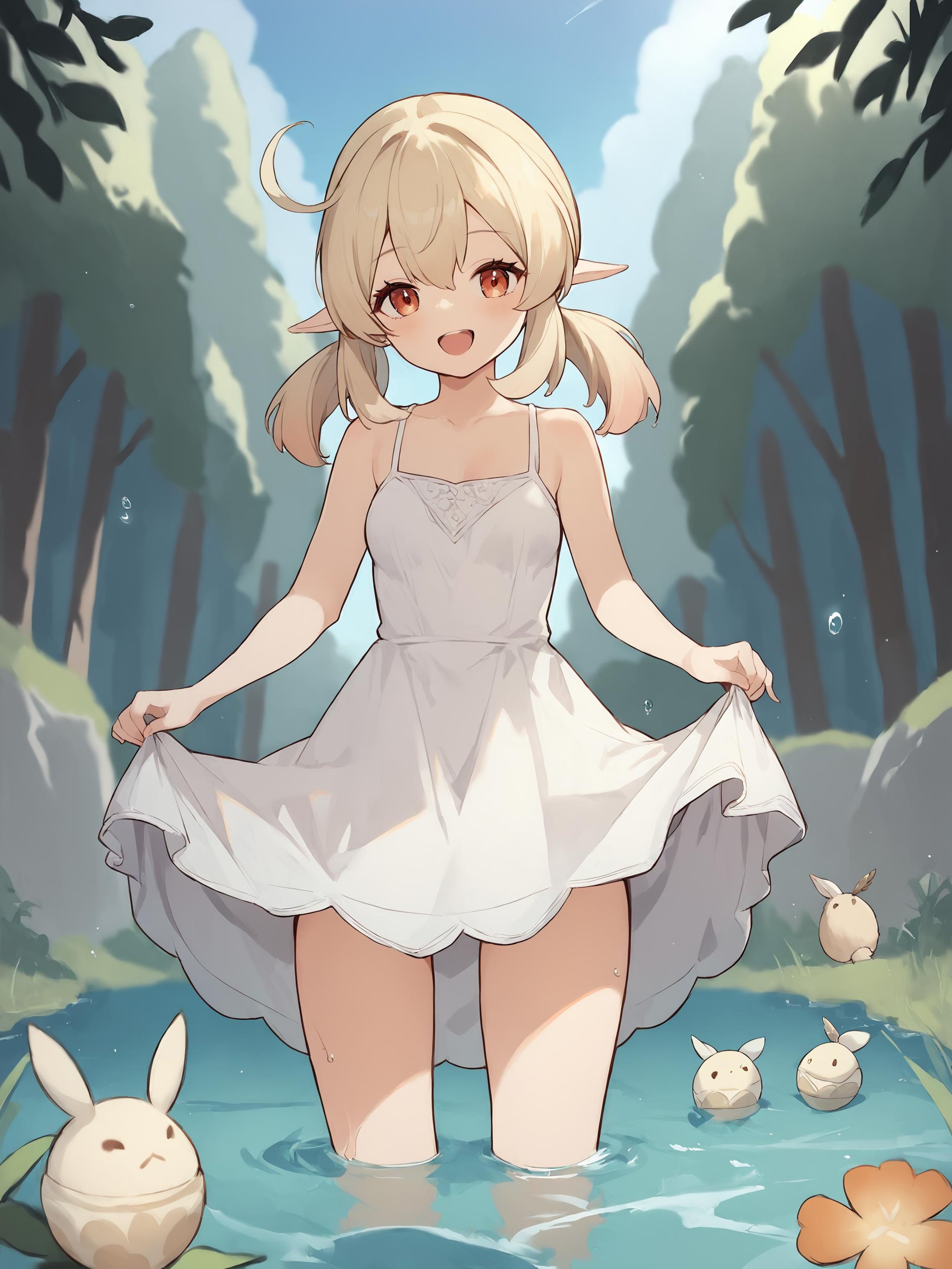 score_9, score_8_up, score_7_up, source_anime, 1girl, klee \(genshin impact\), (sundress, white dress, sleeveless dress:1.2), bare legs, stream, wading, (skirt hold, curtsey: 1.2), looking at viewer, laughing, forest, depth of field  <lora:Char-Genshin-Klee-Pony-V1:1> <lora:nora_higuma_pony_v2:0.7>