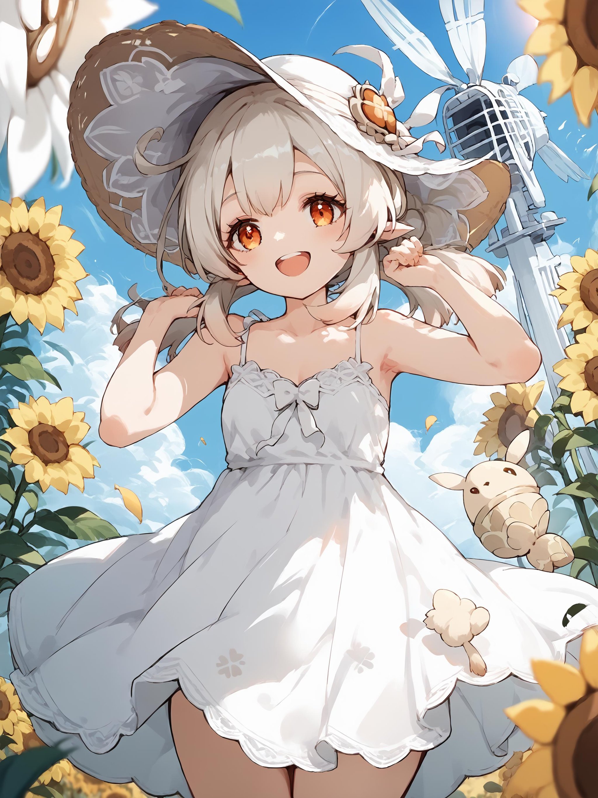 score_9, score_8_up, score_7_up, source_anime, 1girl, klee \(genshin impact\), (white dress, sundress, chemise:1.2), silver hair, floating hair, \o/, cheering,  sunflower, outdoor, wind turbine, smile, open mouth, sun hat, depth of field  <lora:Char-Genshin-Klee-Pony-V1:1>