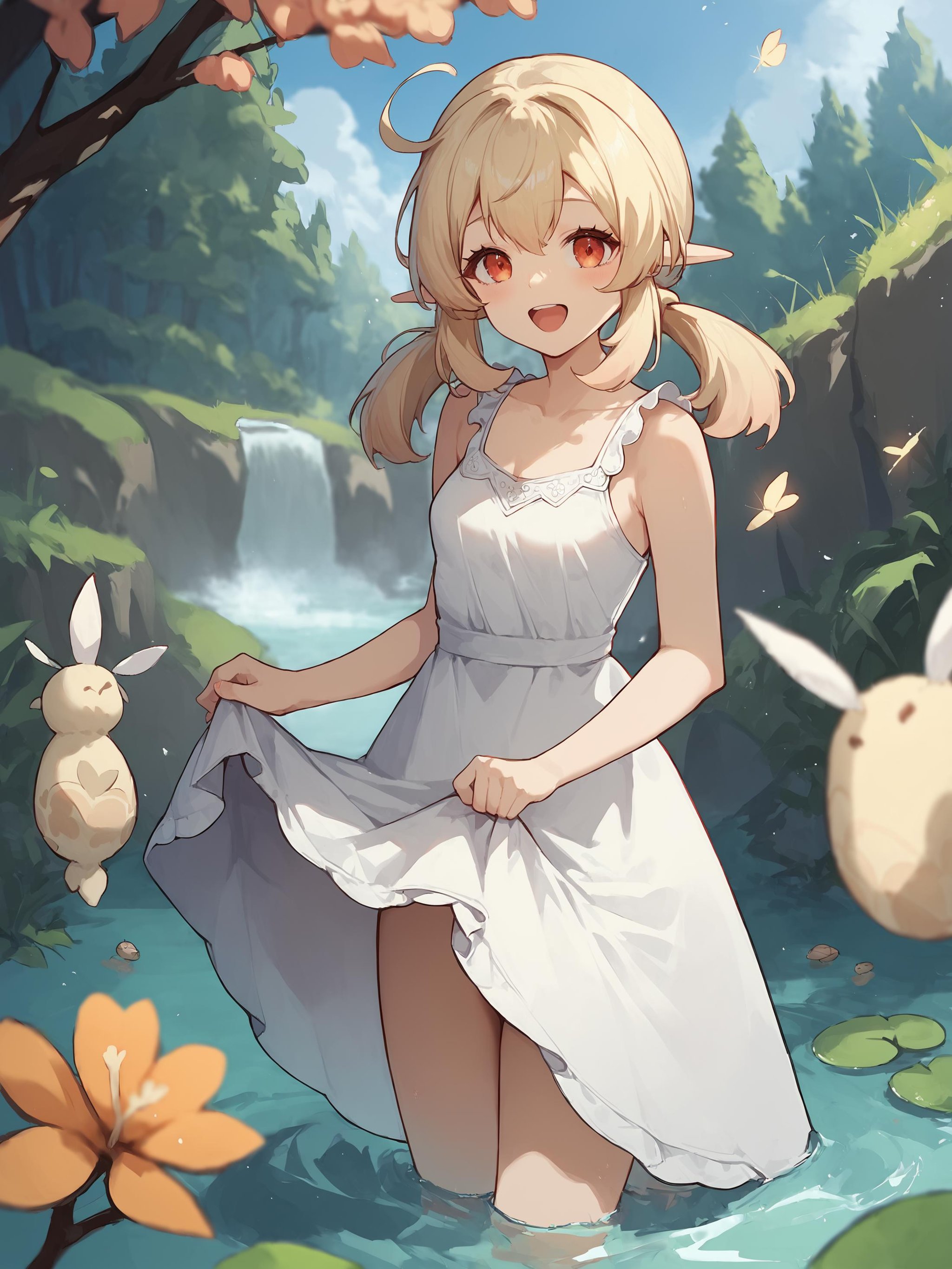 score_9, score_8_up, score_7_up, source_anime, 1girl, klee \(genshin impact\), (sundress, white dress, sleeveless dress:1.2), bare legs, stream, wading, (skirt hold, curtsey: 1.2), looking at viewer, laughing, forest, depth of field  <lora:Char-Genshin-Klee-Pony-V1:1>  <lora:Expressive_H:1>