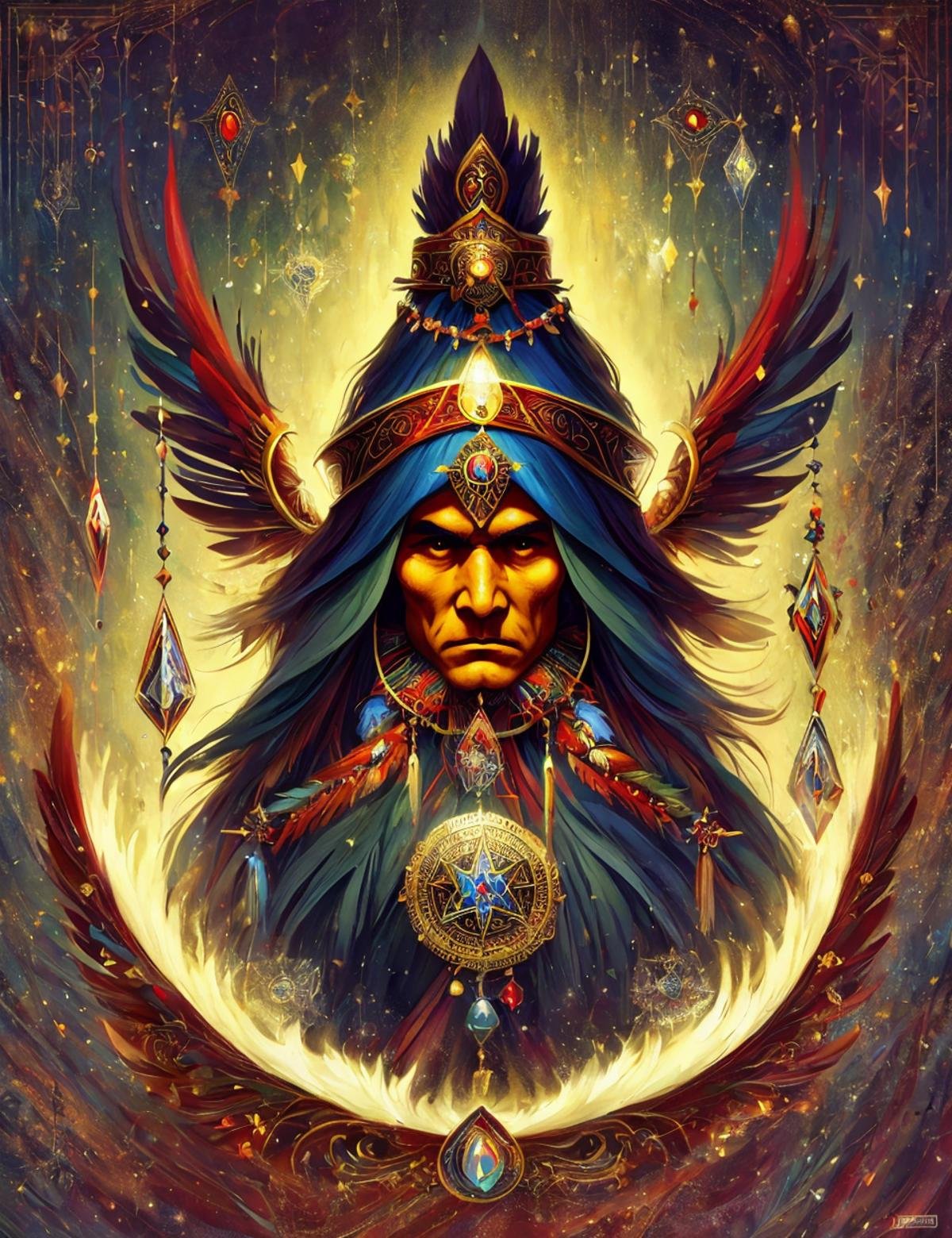 detailed masterpiece illustration, DonMF145h1n6 kalku, wizard in Mapuche mythology,  powerful dark magic, malevolent, summoning spirits,  deeply feared, respected , <lora:DonMF145h1n6-000005:0.8>