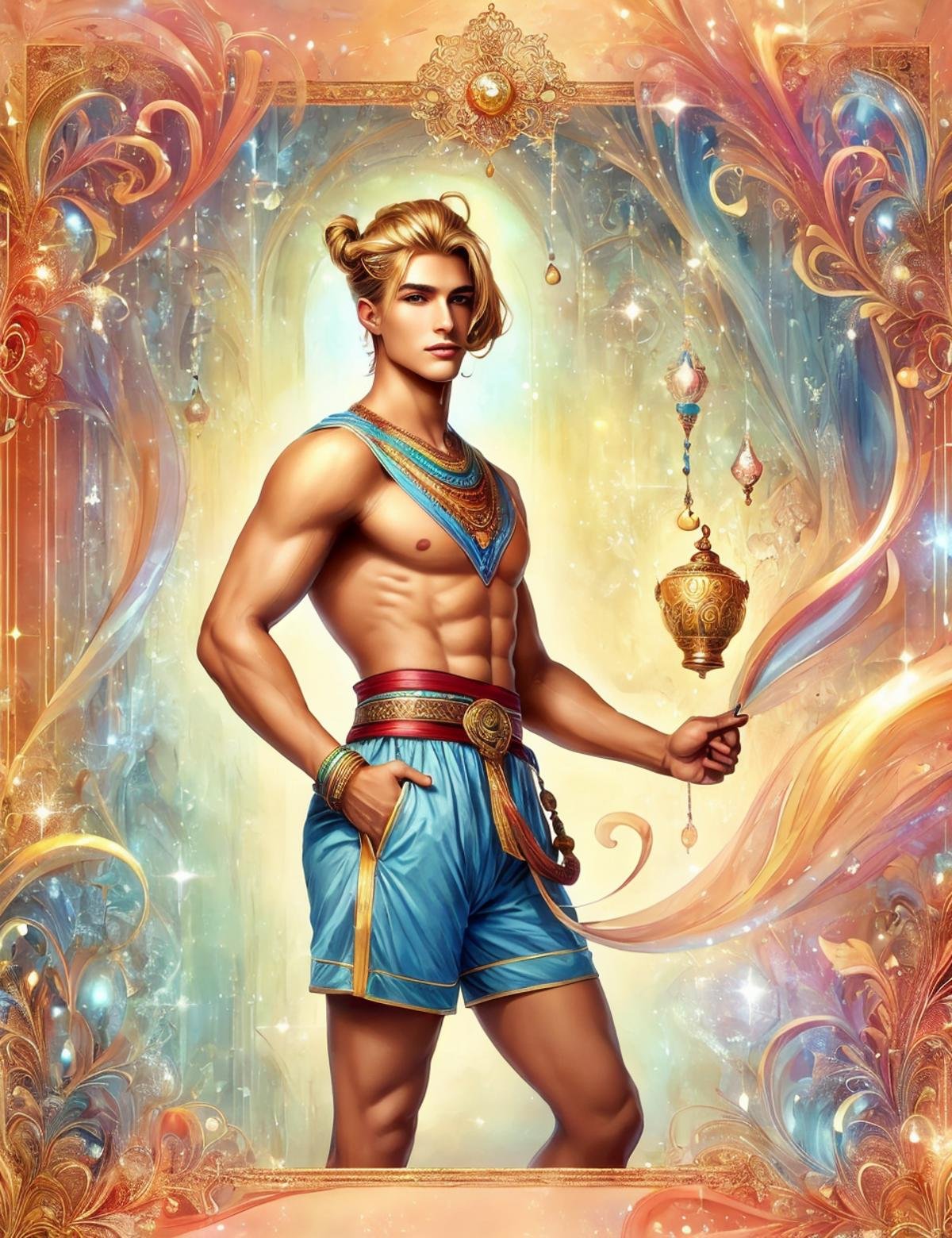 detailed masterpiece illustration, DonMF145h1n6 male early twenties statuesque, sub-saharan african, blue eyes,        toned back, , honey blonde man bun hair, joy wearing  Loungewear Shorts,   espadrilles, pharaoh's headdress, messenger bag ,, biting lip, biting the lower lip with a flirtatious expression, conveying playfulness and allure, colored lighting, soft pastel or deep, rich hues infusing the scene with a unique and sensual ambiance, a cheerful cafe, with the aroma of freshly brewed coffee and friendly conversation, <lora:DonMF145h1n6-000005:0.8>