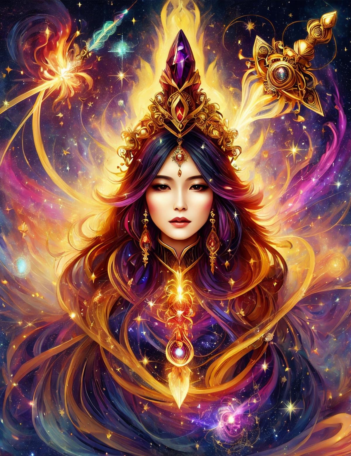 detailed masterpiece illustration, DonMF145h1n6 female witch doctor  Wielding cantrip shaped like Nebula of quinacridone gold pyroclasmic steam and black magic, <lora:DonMF145h1n6-000005:0.8>