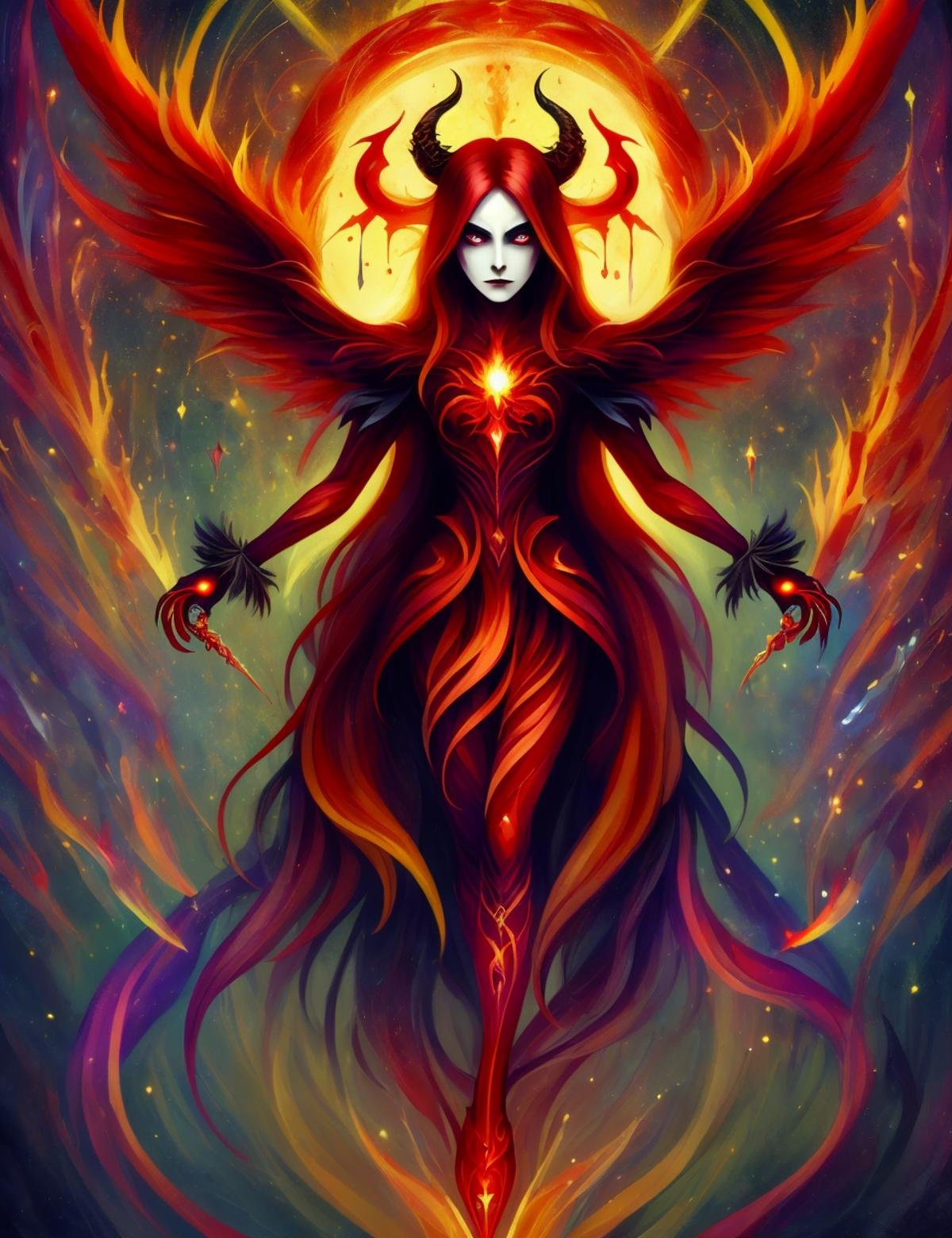 detailed masterpiece illustration, DonMF145h1n6 female  demon, malevolent supernatural being, evil, chaos, infernal, powerful entity, corrupt,harm full, fantasy , <lora:DonMF145h1n6-000005:0.8>