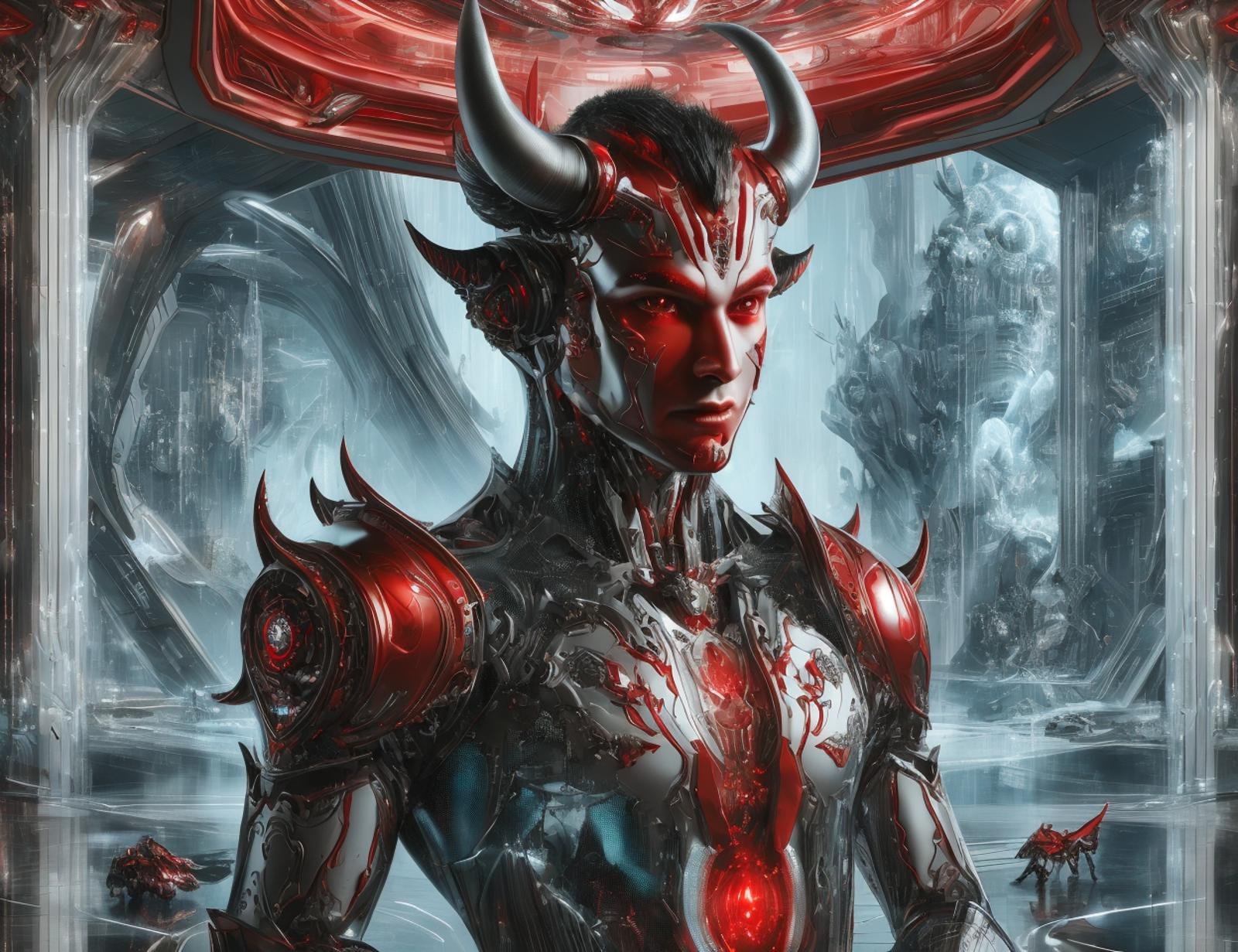 DonM71m37r4v3l close up male  devil, embodiment of evil, cunning and charismatic, red skin, devil horns, fantasy, ai interaction,structural,cascading,lighthearted,decrepit,dimensional,fluidic,development,imitated , scifi, tech  <lora:DonM71m37r4v3l:0.85>