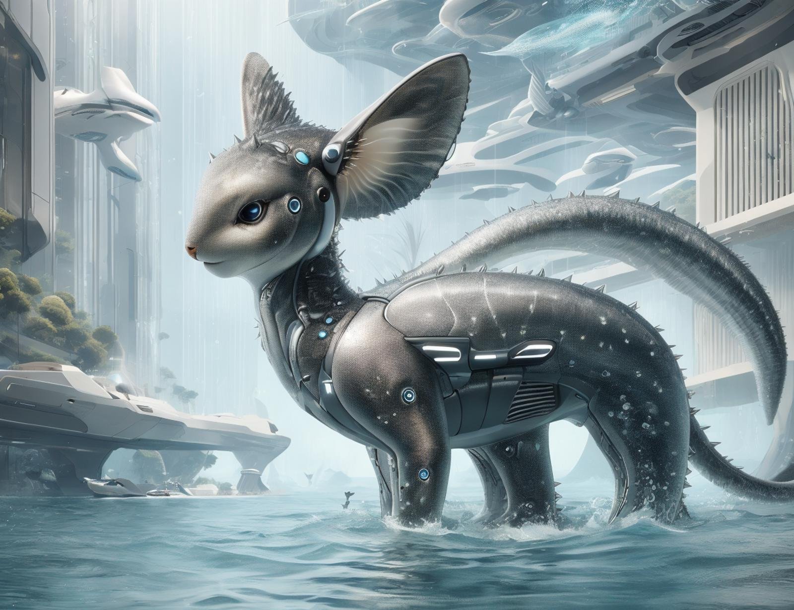 DonM71m37r4v3l close up tiny swift undulating textured aquatic existence, tripedal trimanual, unguligrade appendages, bifurcated-tailed, spiked-tailed, fur,  floppy ears,   , scifi, tech  <lora:DonM71m37r4v3l:0.85>