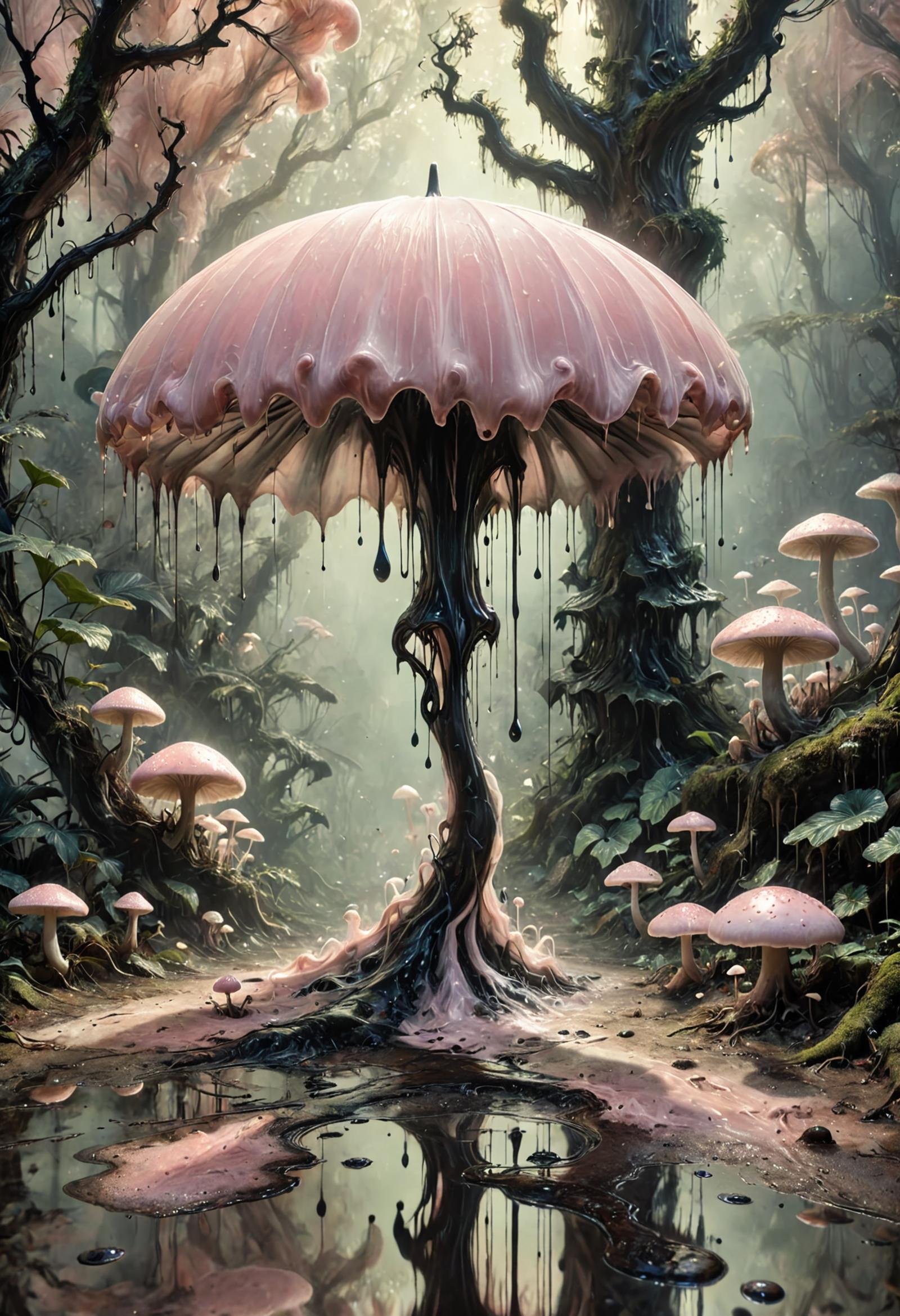 DonM5h4d0wM317XL  light pink mighty umbrella silky mushroom, gilled, lumpy, cooperative nutrient absorption, rainforest, solitary,   absent veil,,persistent ring,,reddish bruising  medicinal applications, } <lora:DonM5h4d0wM317XL:1>