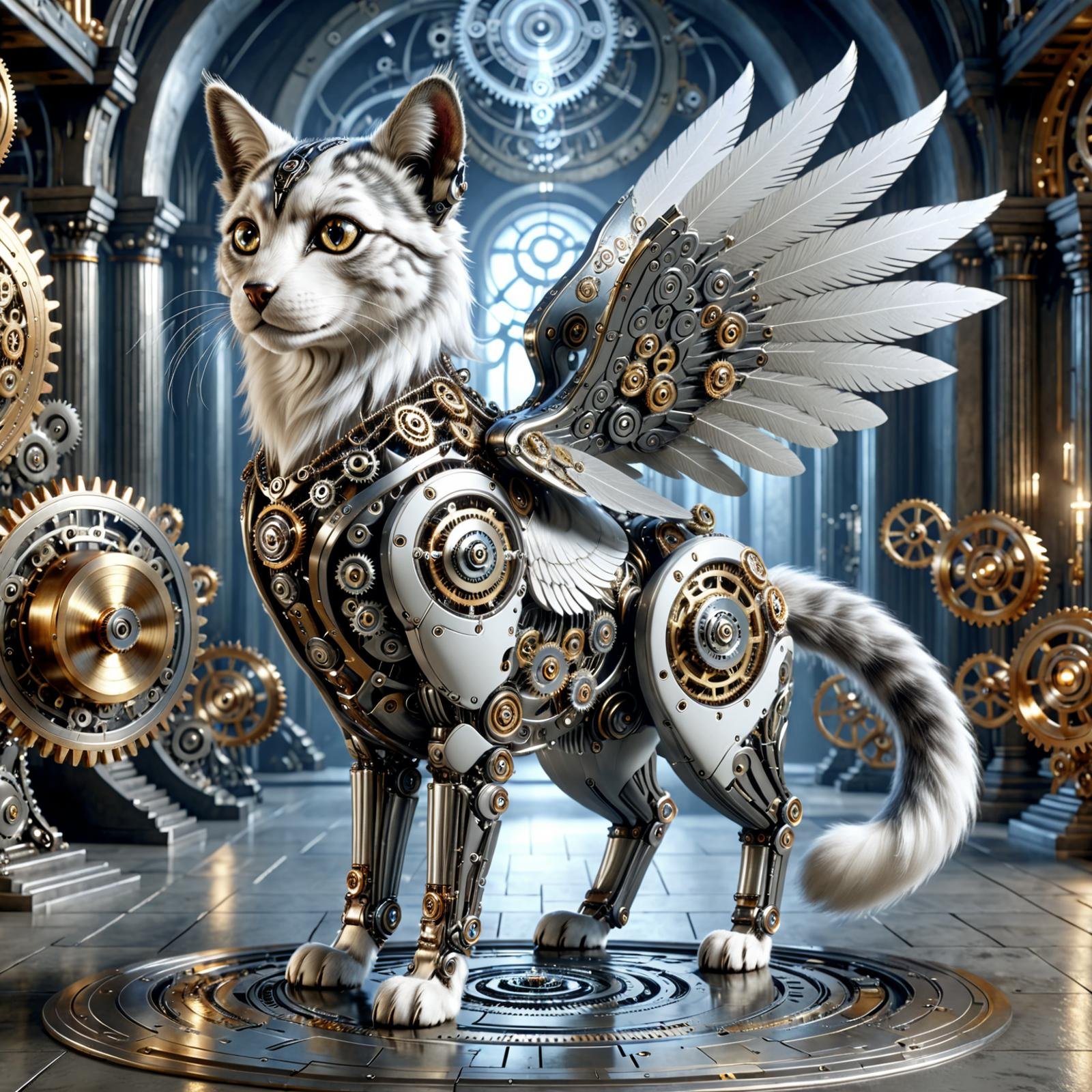 DonM71m37r4v3lXL medium nocturnal mythical natural feline being,  hoofed, trifurcated-tailed, long-tailed, fur,  dog ears,  mechanical wings made of gears and cogs and clockwork,   <lora:DonM71m37r4v3lXL:0.9>