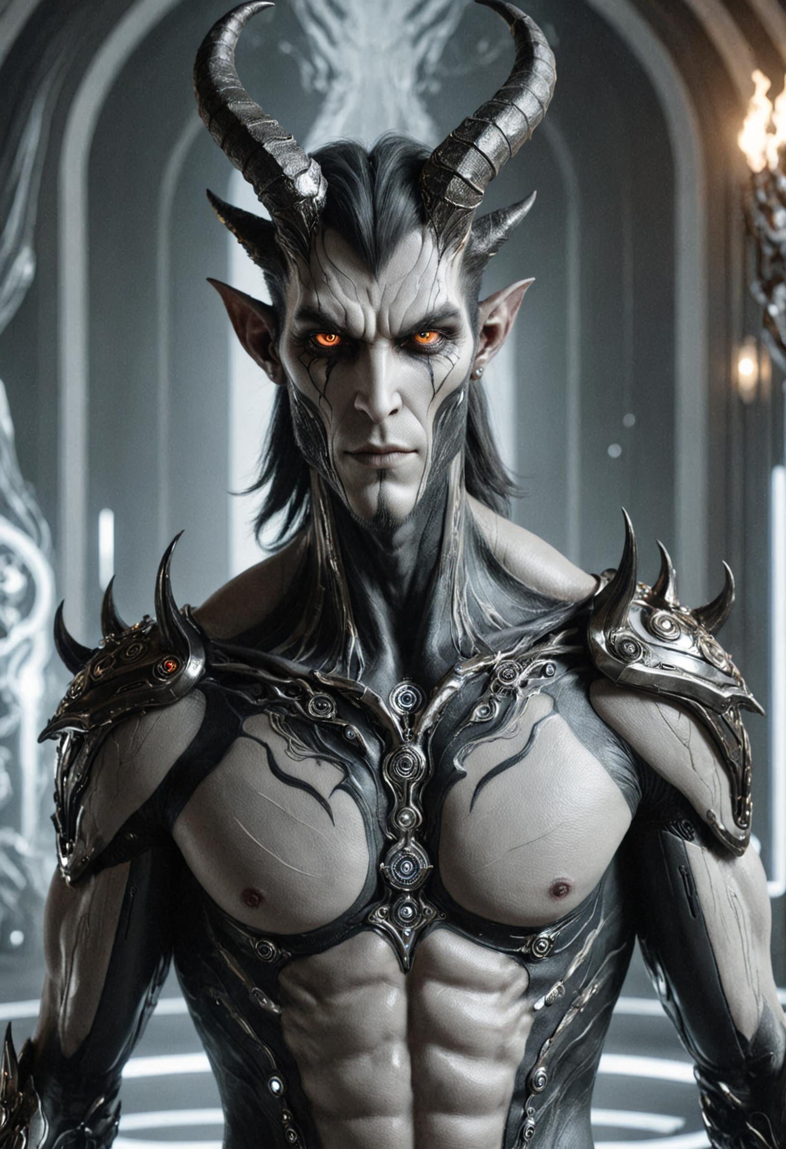 DonM71m37r4v3lXL close up iblis, malevolent male demon, humanoid appearance, attractive seductive demeanor,  horns, clawed hands, hoofs, dark demonic hues, enticing, nighttime seduction, sexual nightmares, , scifi, tech, time travel  <lora:DonM71m37r4v3lXL:1>