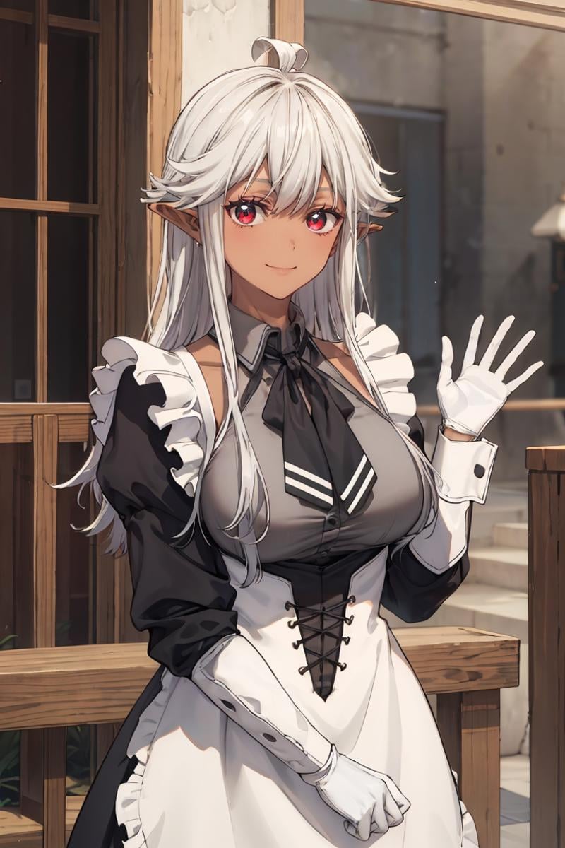 masterpiece, best quality, ultra-detailed, glistening shiny, glowing light, ray tracing, HDR, deph of field, (perfect face, detailed face), <lora:ReanetteElfelt:0.8>, reanette, long hair, pointy ears, smile, dark-skinned female, (waving:1.2), sidelocks, large breasts, maid uniform, maid apron, grey shirt, black bowtie, white gloves, cowboy shot