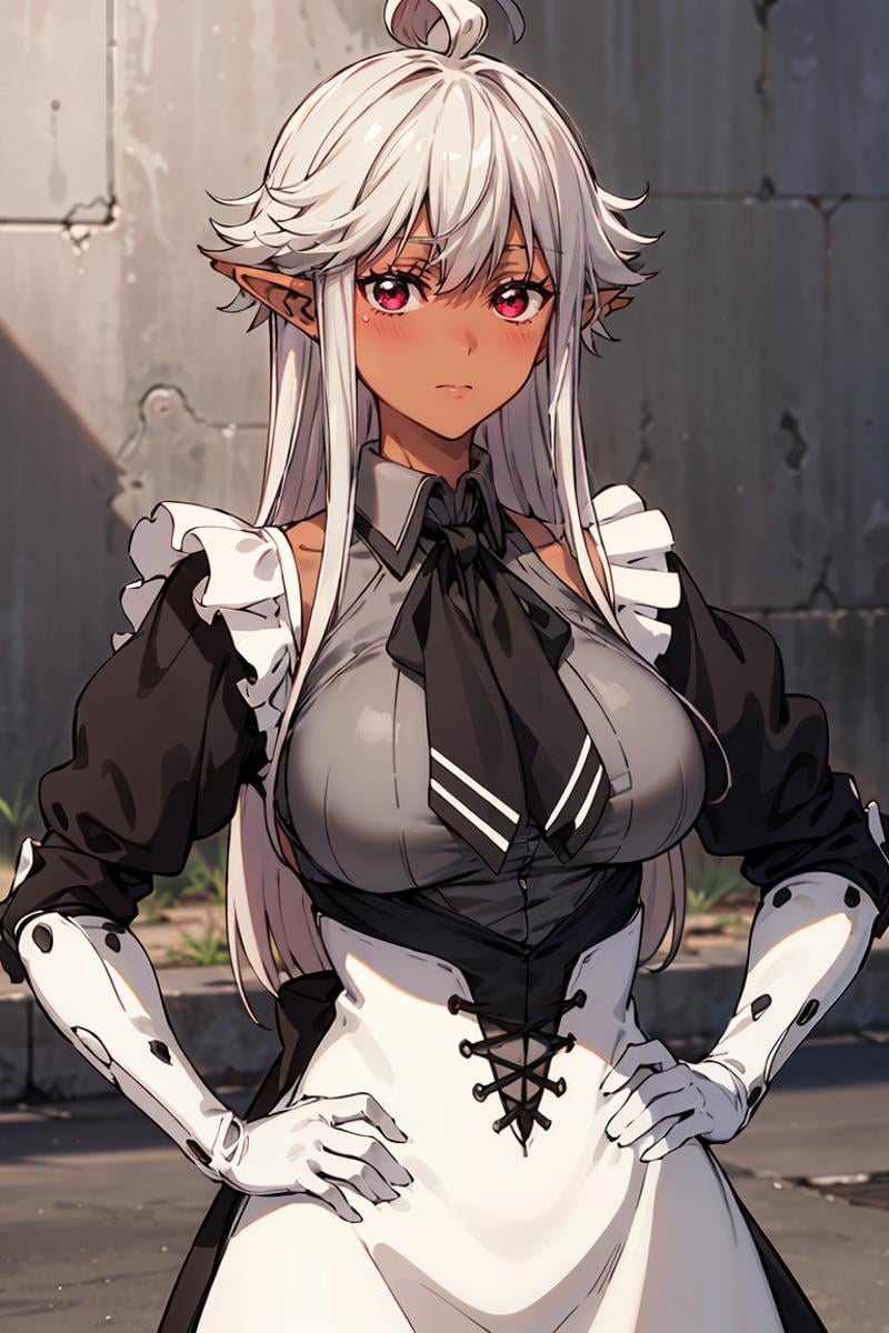 masterpiece, best quality, ultra-detailed, glistening shiny, glowing light, ray tracing, HDR, deph of field, (perfect face, detailed face), <lora:ReanetteElfelt:0.8>, reanette, long hair, pointy ears, dark-skinned female, sidelocks, large breasts, blush, maid uniform, grey shirt, white gloves, hands on hips