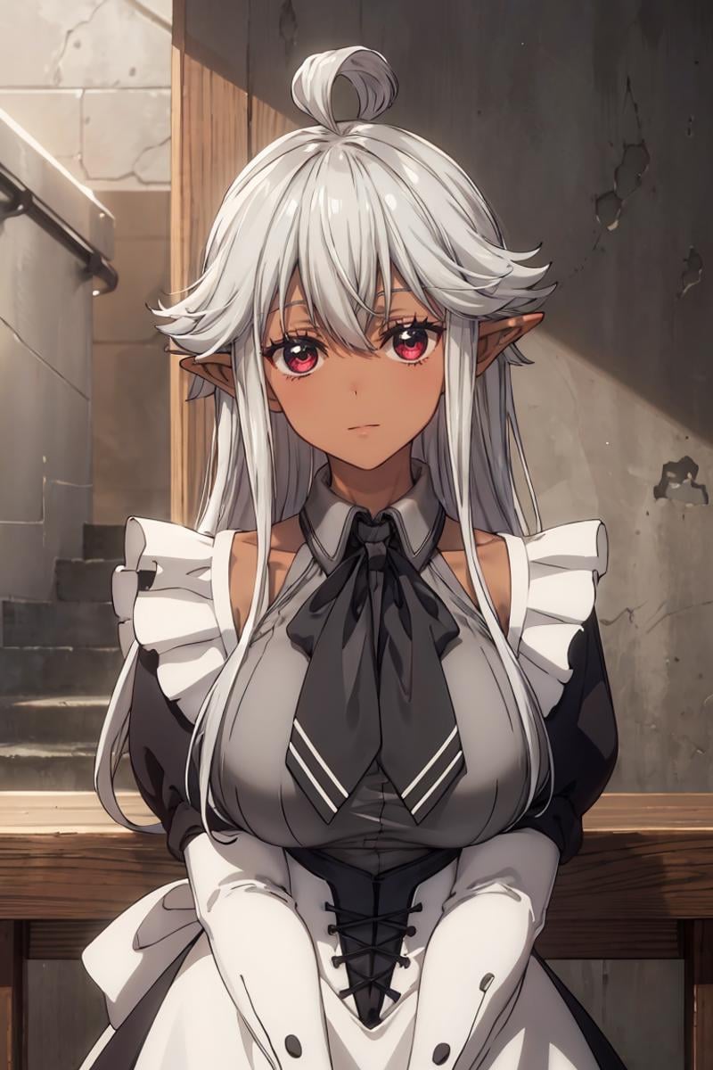 masterpiece, best quality, ultra-detailed, glistening shiny, glowing light, ray tracing, HDR, deph of field, (perfect face, detailed face), <lora:ReanetteElfelt:0.8>, reanette, long hair, pointy ears, dark-skinned female, sidelocks, large breasts, maid uniform, maid apron, grey shirt, black bowtie, white gloves