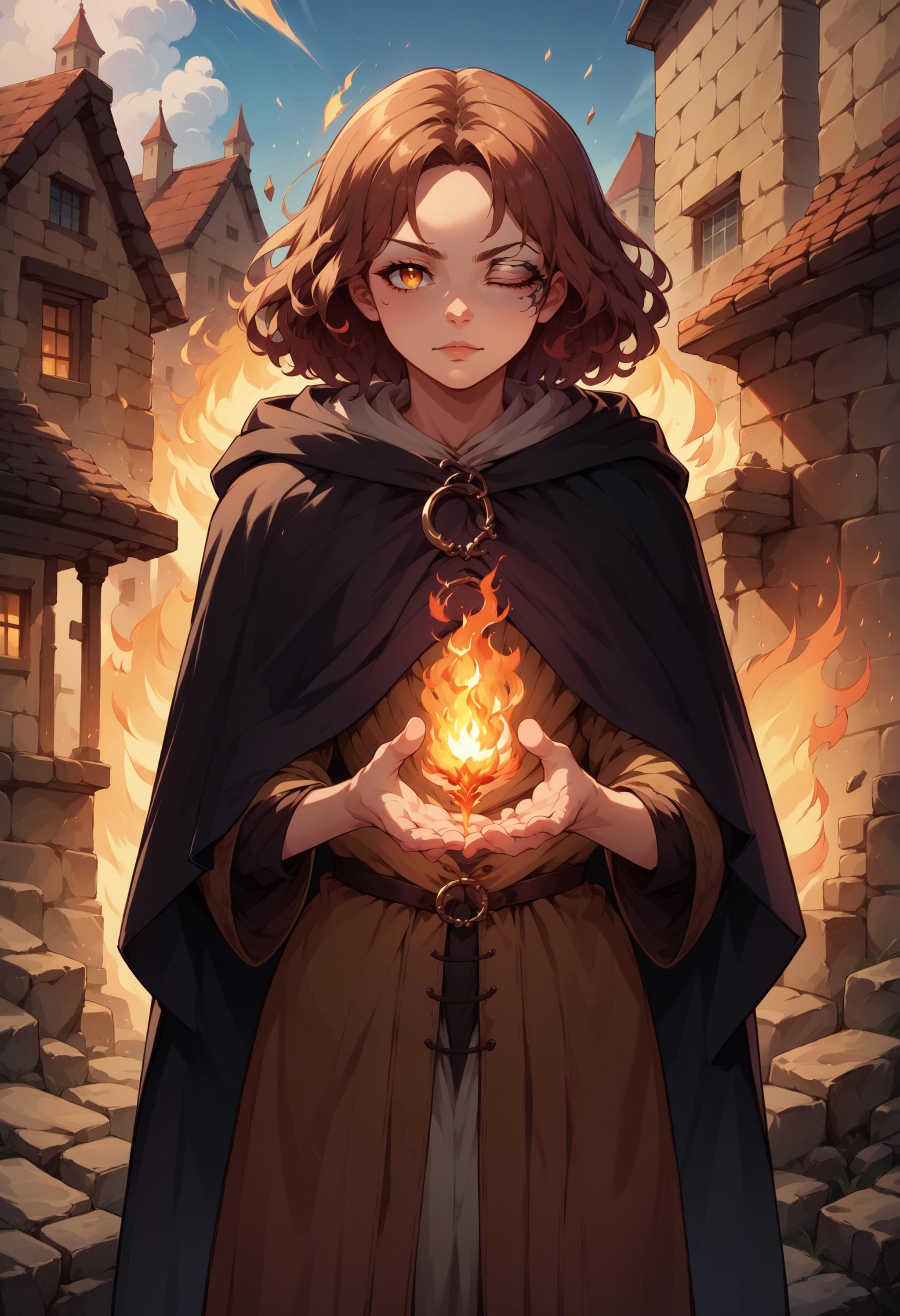 score_9, score_8_up, score_7_up, source_anime, IncrsMelina, one eye closed, <lora:Melina_XLPD:1>, cowboy shot, hooded cloak, black coat, looking at viewer, magic, fire, holding fire, building,