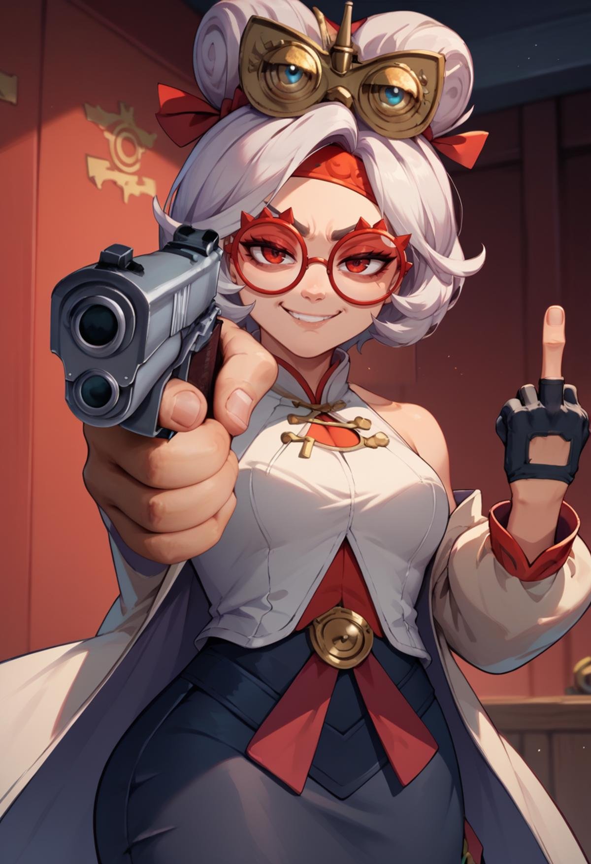 score_9, score_8_up, score_7_up, 1girl, holding weapon, handgun, holding gun, aiming at viewer, revolver, finger on trigger, <lora:HandPointingAGunMeme_XLPD:0.6>, <lora:purah-pdxl-nvwls-v1:0.8> purah, hair ornament, red headband, red glasses, sleeveless shirt, white coat, black skirt, gloves, (middle finger:1.2), smirk,