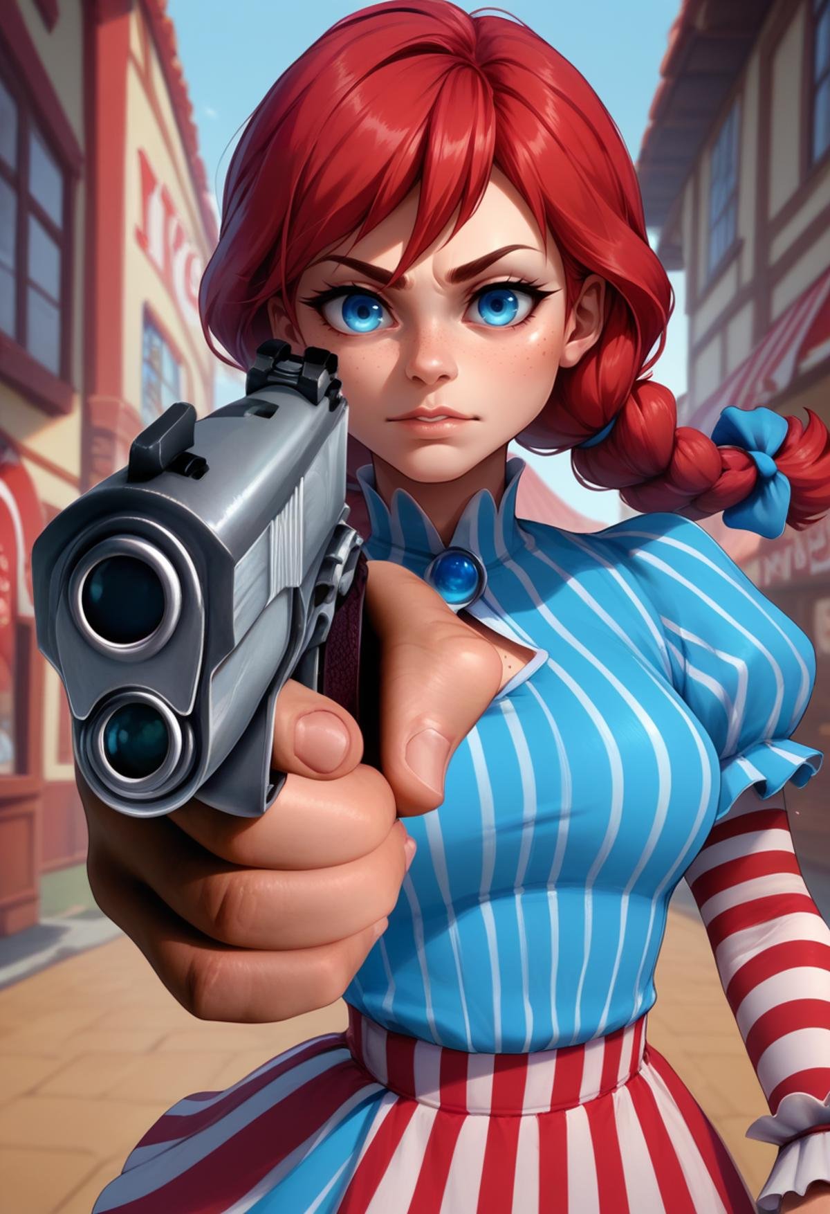 score_9, score_8_up, score_7_up, 1girl, holding weapon, handgun, holding gun, aiming at viewer, revolver, finger on trigger, <lora:HandPointingAGunMeme_XLPD:1>, wendy \(wendy's\), wendy's, 