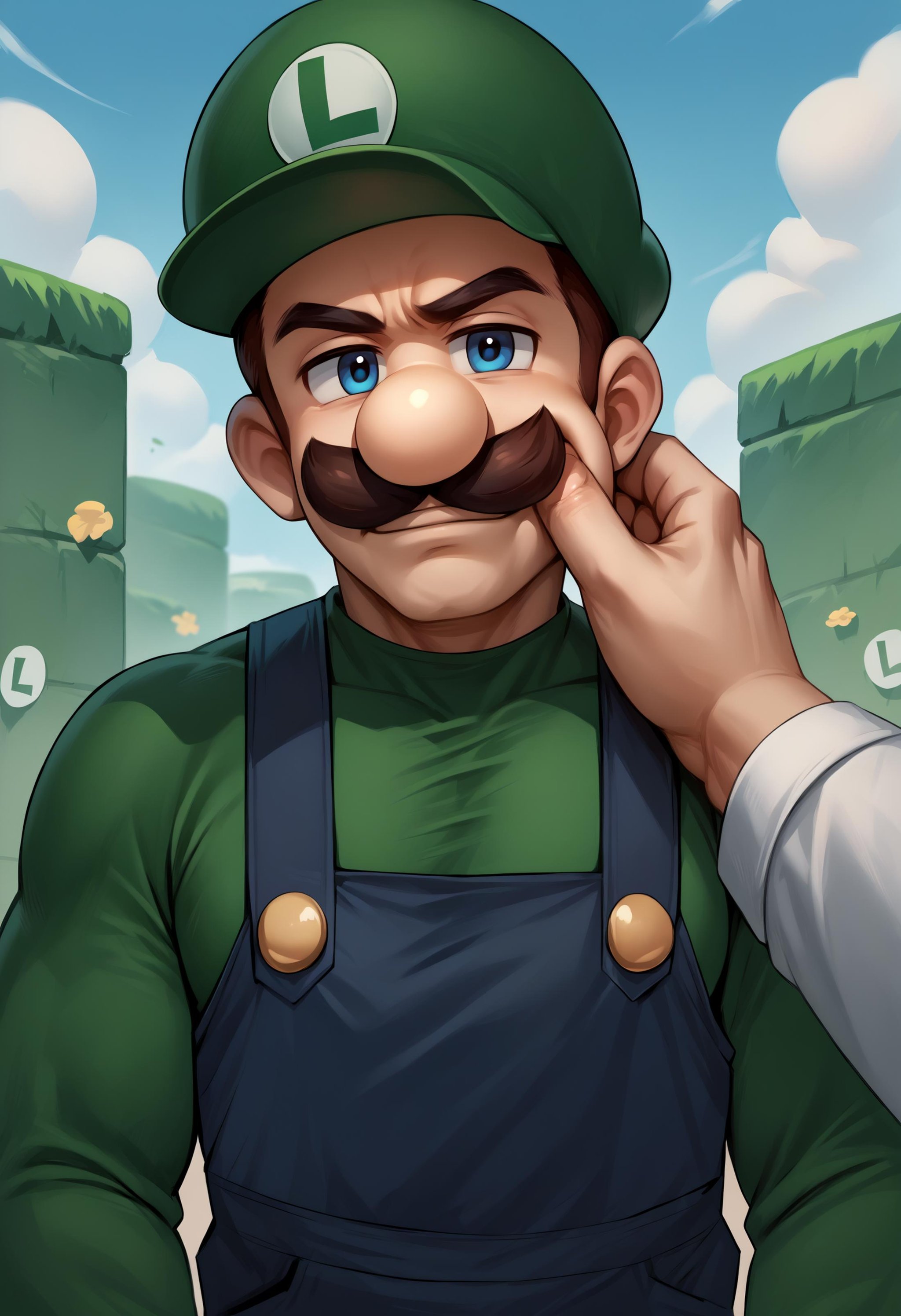 score_9, score_8_up, score_7_up, source_anime, 1boy, cheek pinching, pov hands, <lora:PinchingPOVOneHand_XLPD:1>, upper body, <lora:Luigi_XLPD:1> Incrsluigi, luigi, green headwear, blue overalls, long sleeves, smirk, muscular, outdoors, puffy cheeks, 