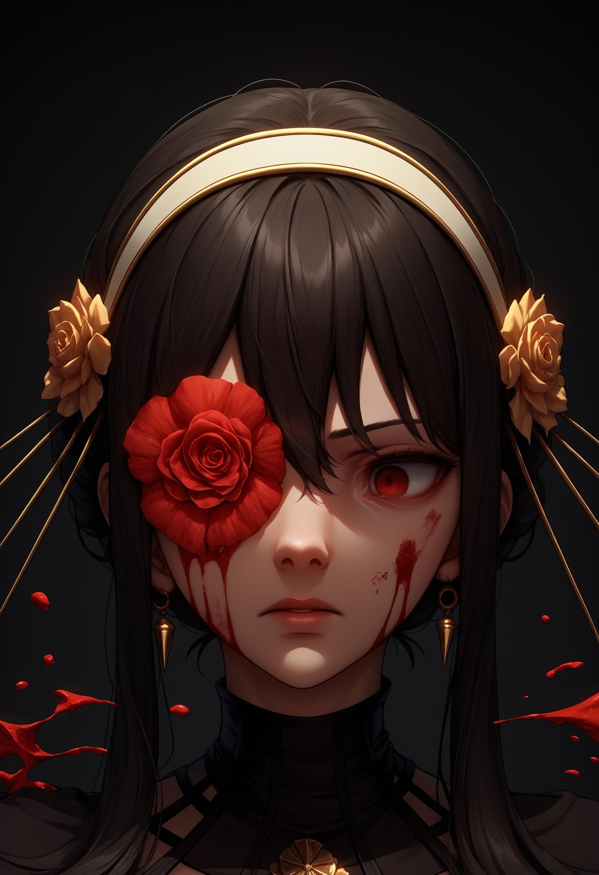 score_9, score_8_up, score_7_up, source_anime, flower over eye, one eye covered, <lora:FlowerOverEye_XLPD:1>, upper body, yor briar, black hair, black dress, blood, blood on face, blood from eyes, black background, glass, shattered, 