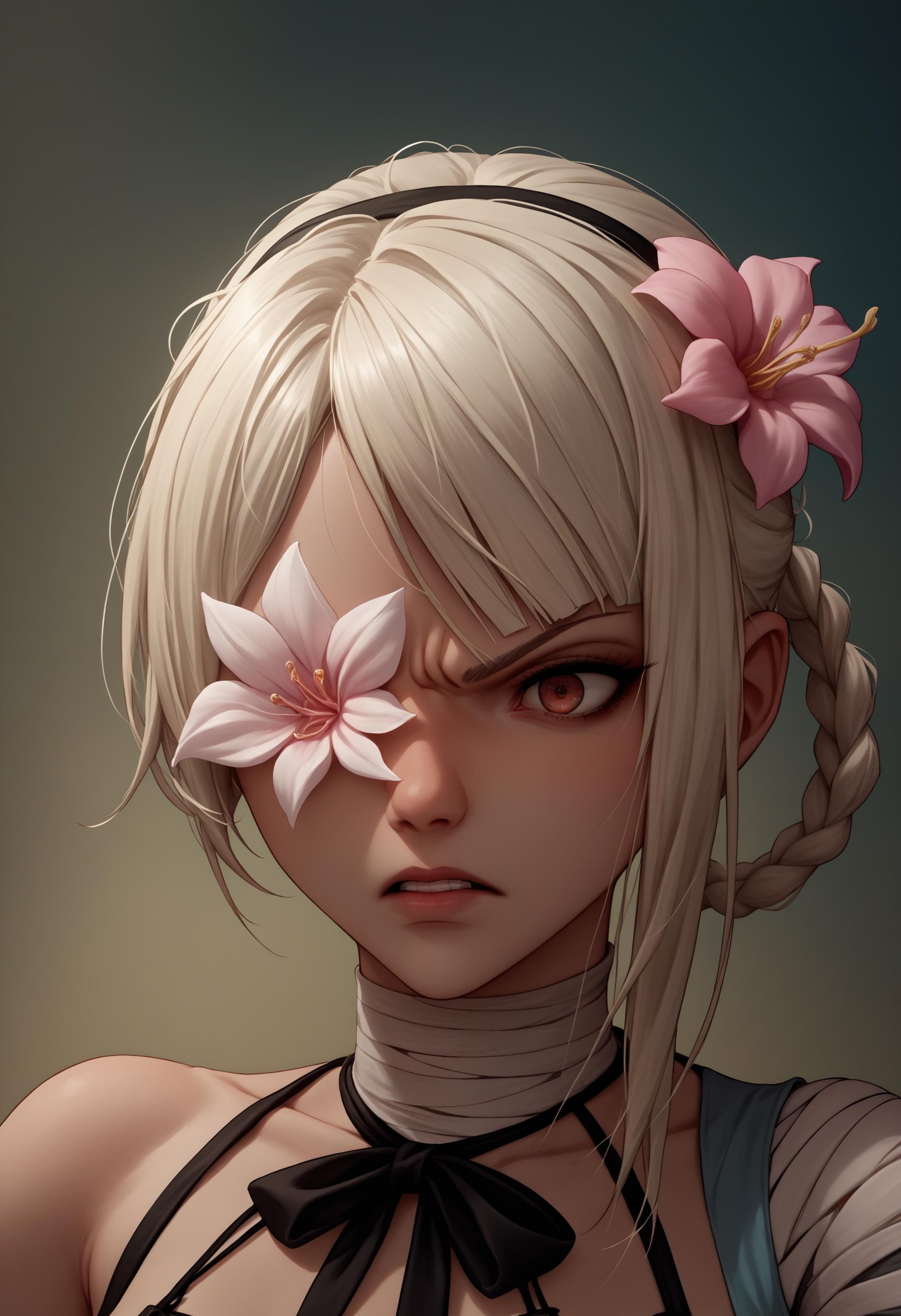 score_9, score_8_up, score_7_up, source_anime, flower over eye, one eye covered, <lora:FlowerOverEye_XLPD:1>, upper body, nier, kaine \(nier\), angry, 