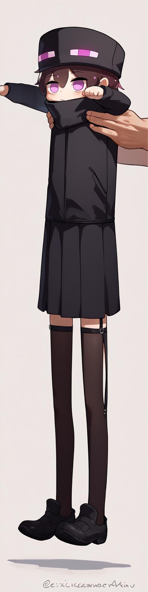 score_9, score_8_up, score_7_up, source_anime, IncrsXLLCM, full body, <lora:LongCatMeme_XLPD:1>, chibi, <lora:Enderman_XLPD:0.8> Enderman-chan, black jacket, high collar, enderman hat, black skirt, black thighhigh, garter straps, shoes,